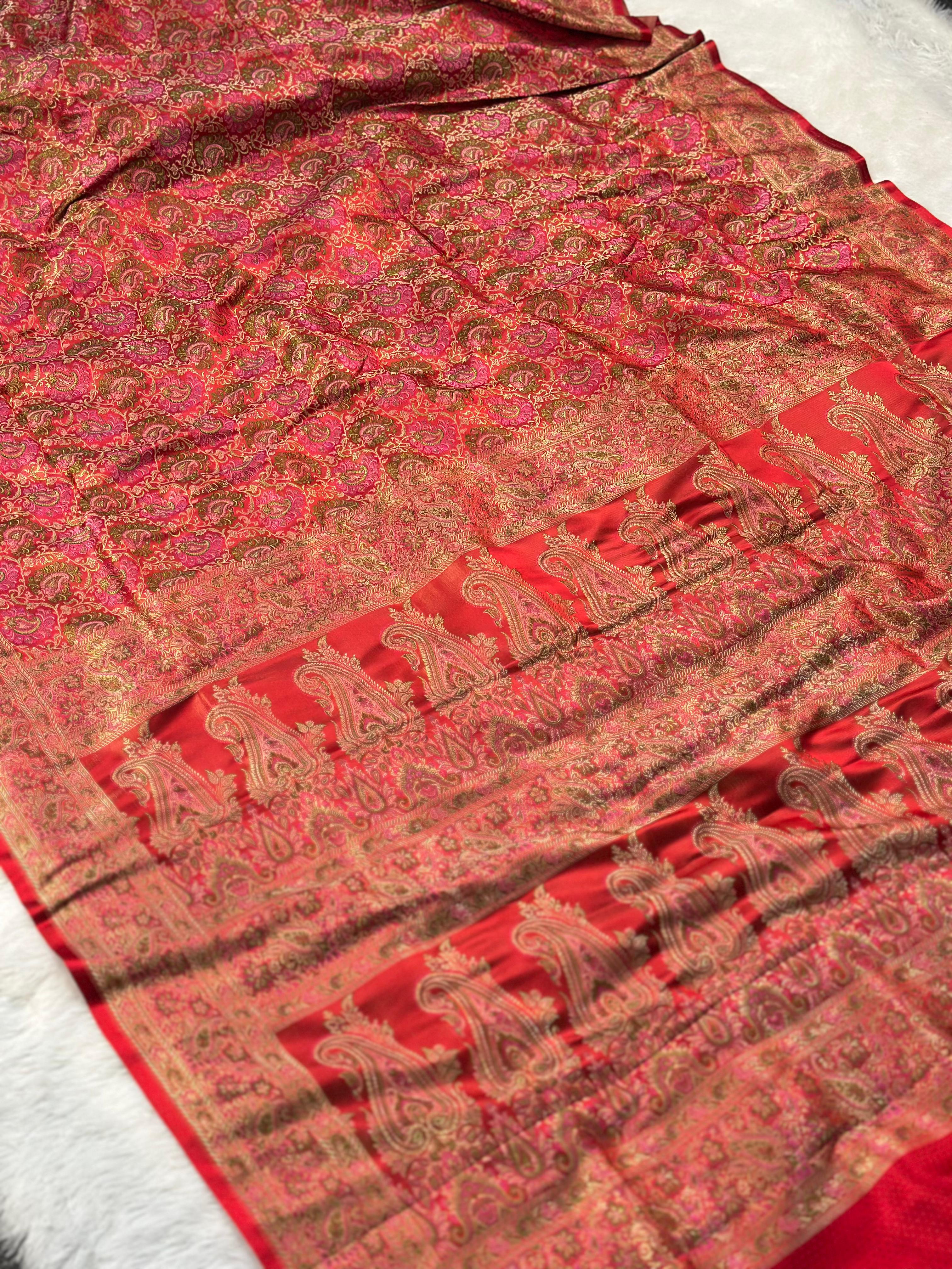Satin Tanchui Jamawar Saree woven with golden zari multicolour paisley work