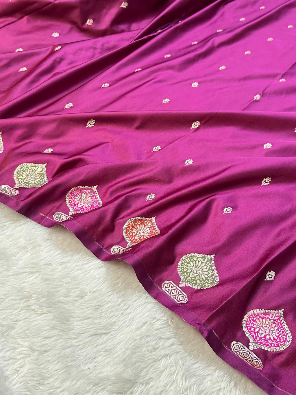 Mashru Silk Banarasi Saree Weaved with Golden Zari in Meenakari Buta Pattern