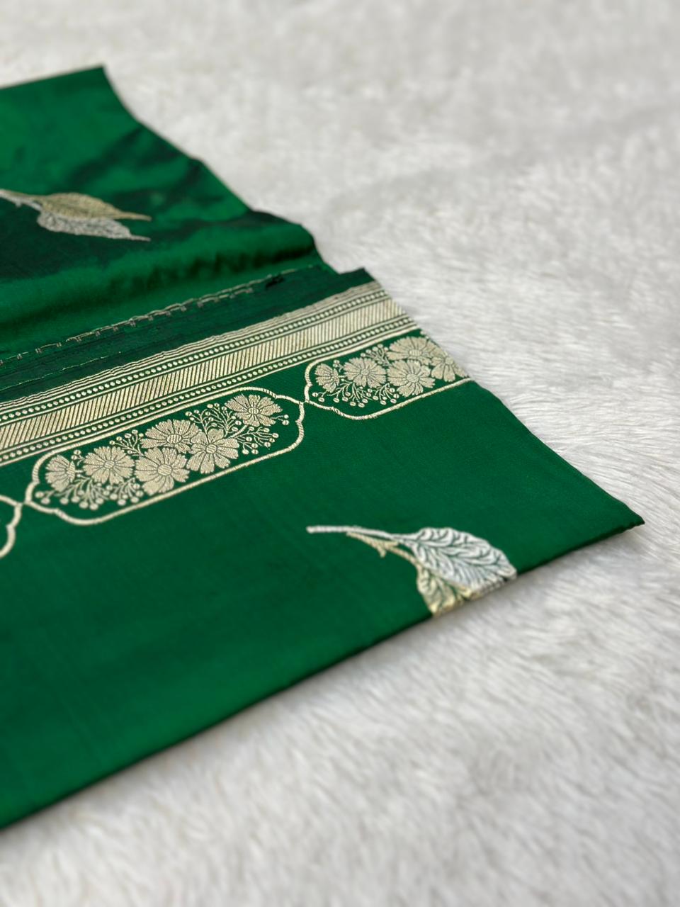 Royal Green Pure Katan Silk Kadua Weave Banarasi Saree with Gold and Silver Buta