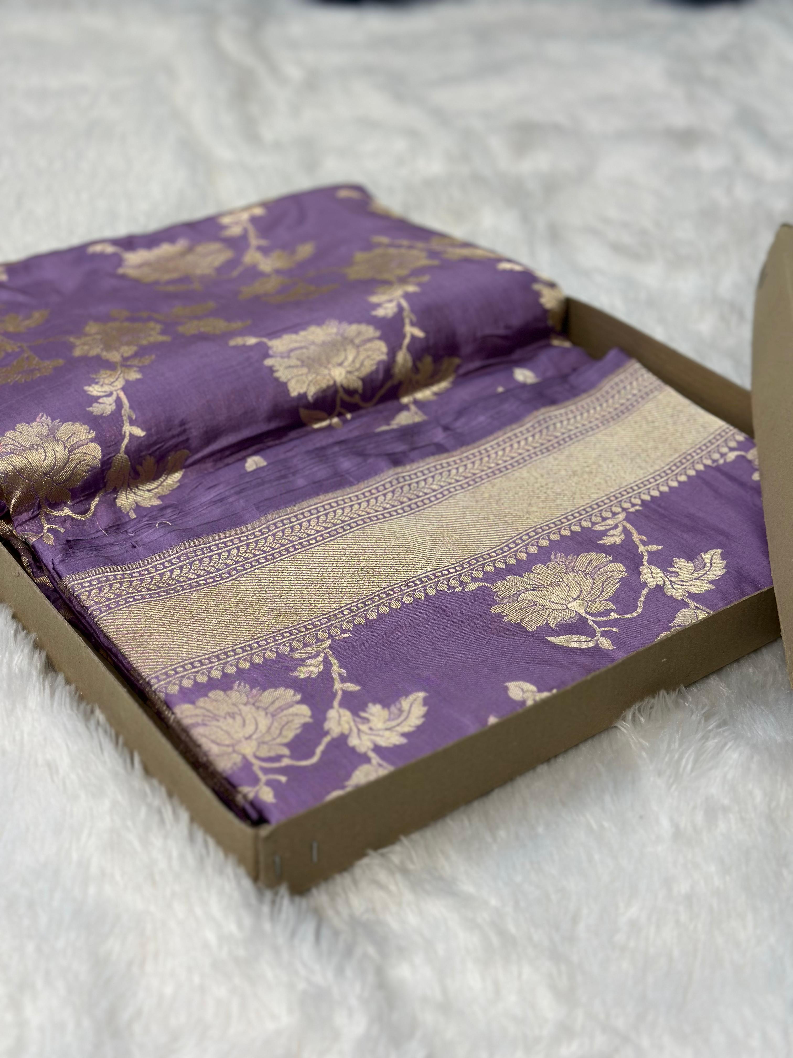 Pure Katan Silk Banarasi Saree Woven with Golden Zari in Flower jaal pattern