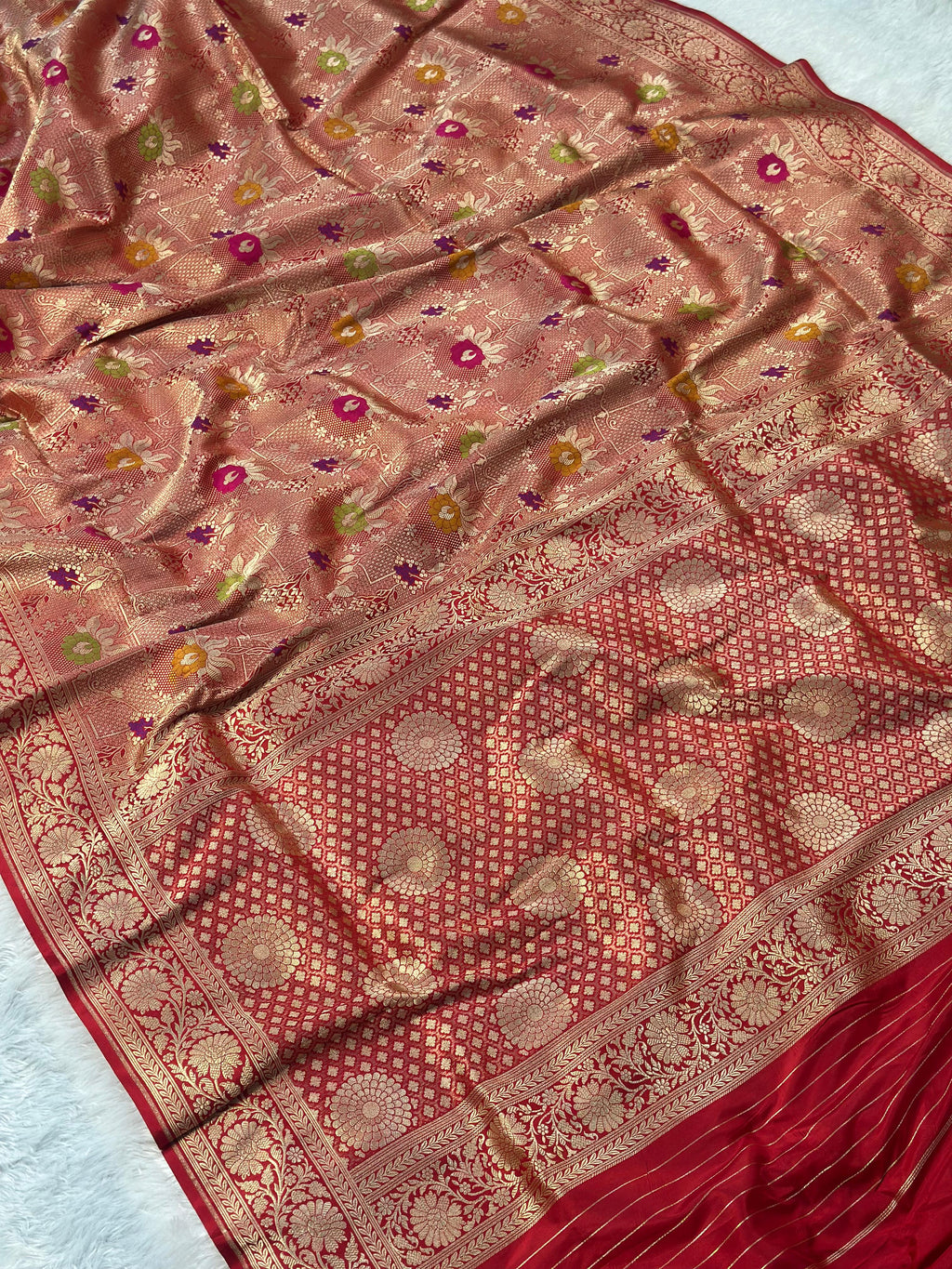 Pure Katan Silk Brocade Banarasi Saree woven with Golden Zari and multicolour minakari work