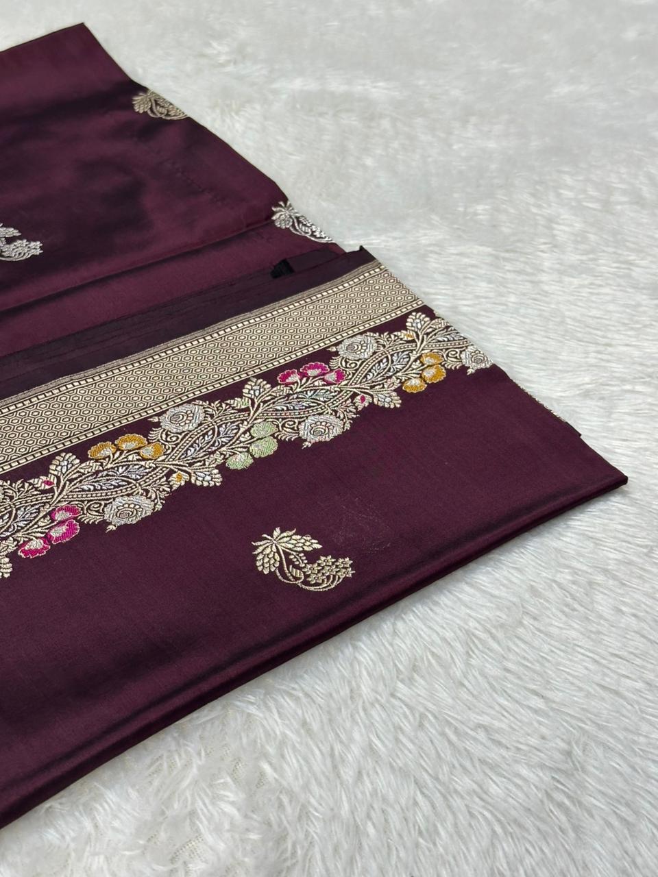 Pure Katan Silk Kadua Weave Banarasi Saree with Meenakari Border