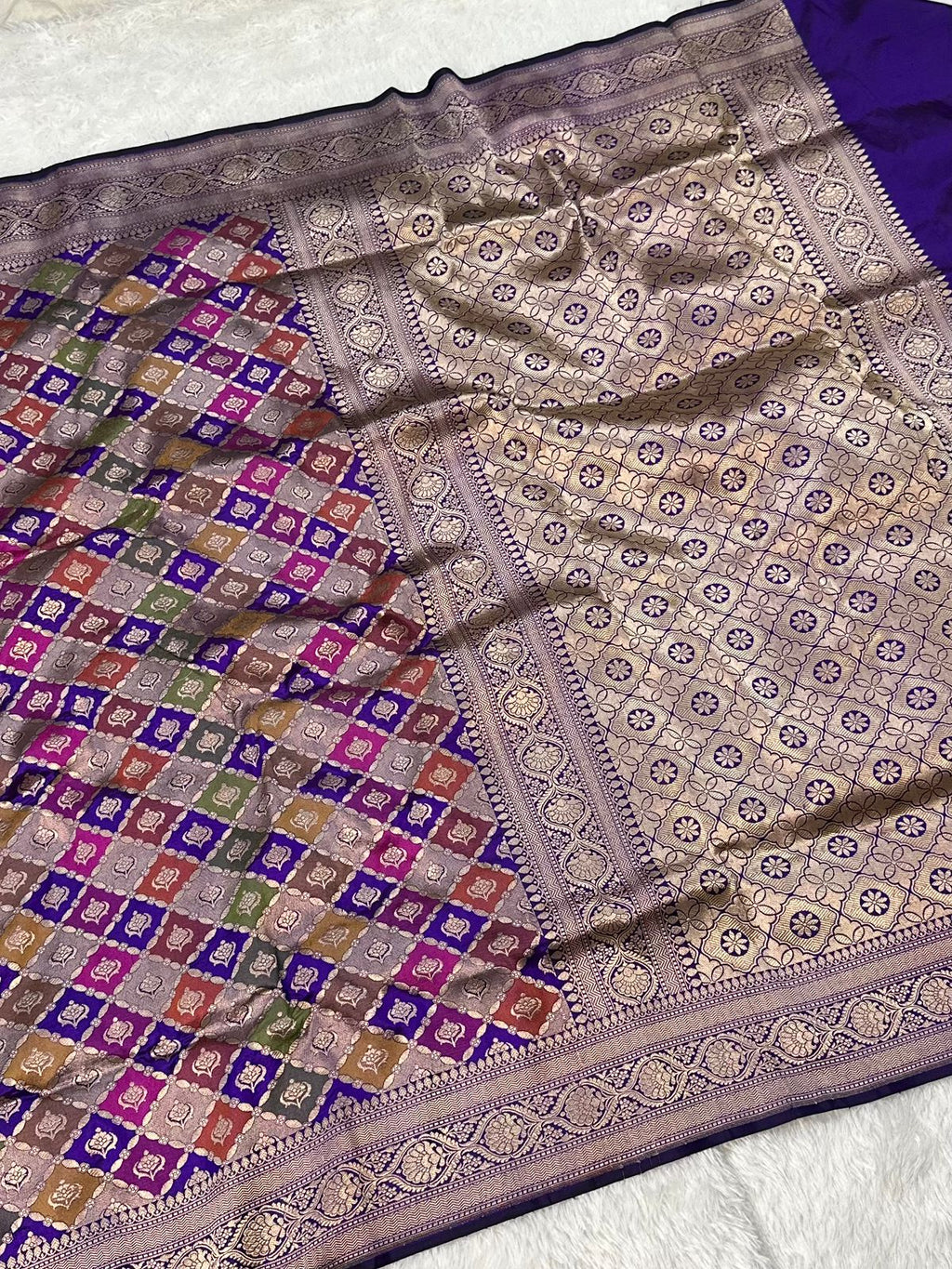 Pure Katan Silk Banarasi Saree Woven with Golden Zari in Geometric Rangkat Pattern
