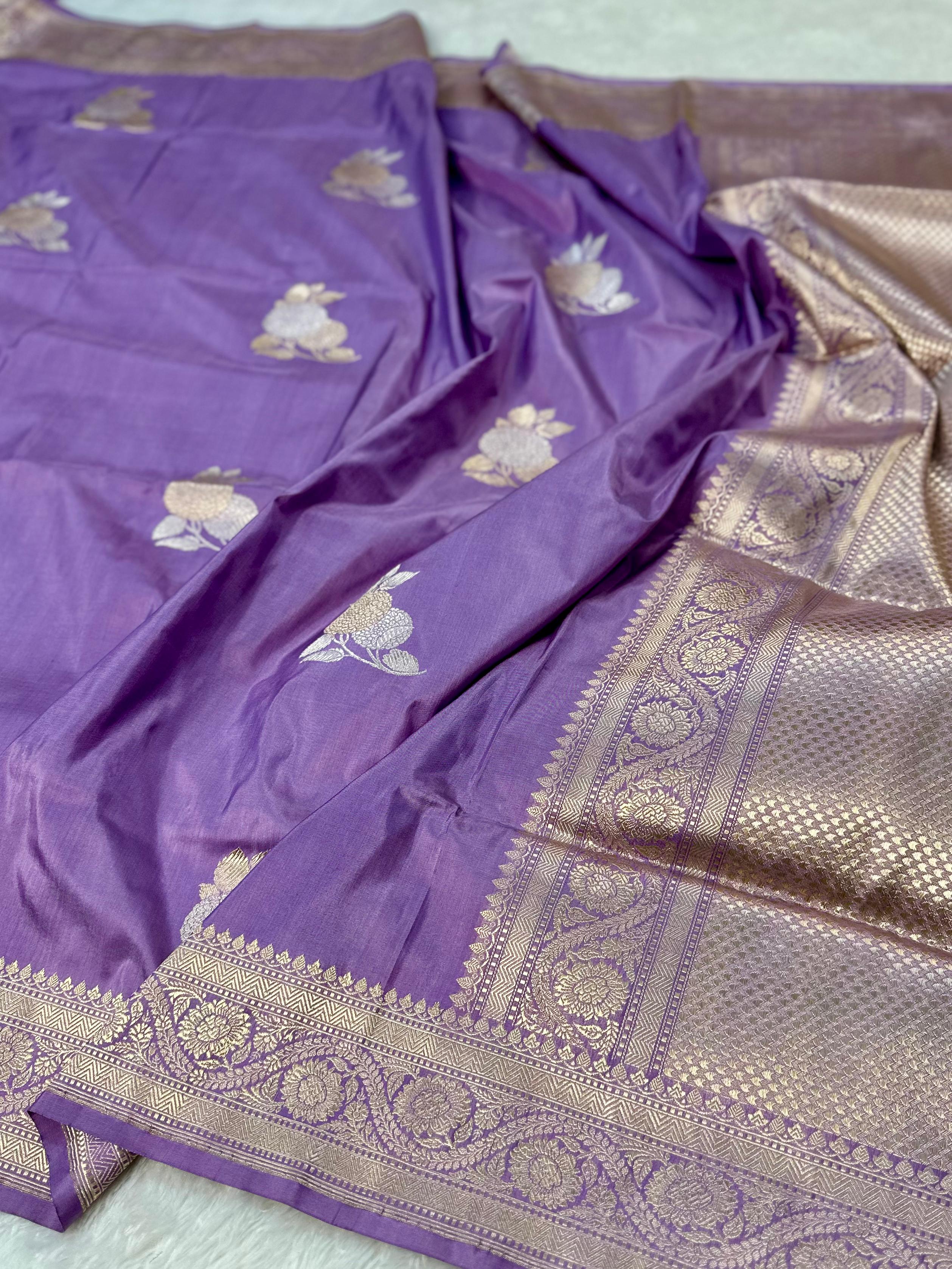 Dusty Lavender Pure Katan Silk Kadua Weave Banarasi Saree with Gold and Silver Buta