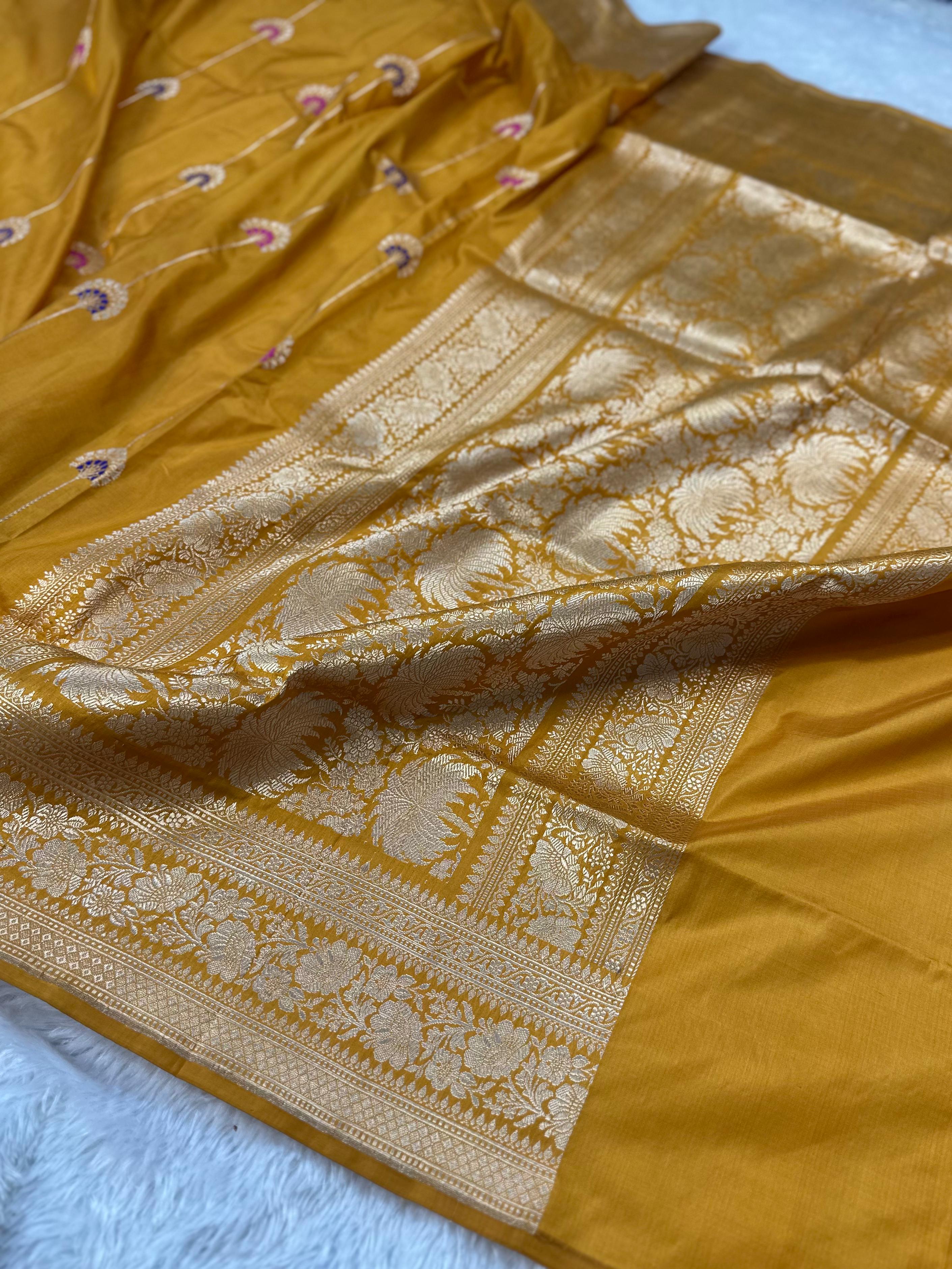 Mustard Yellow Pure Katan Silk Kadua Weaved Meenedar Buta Pattern