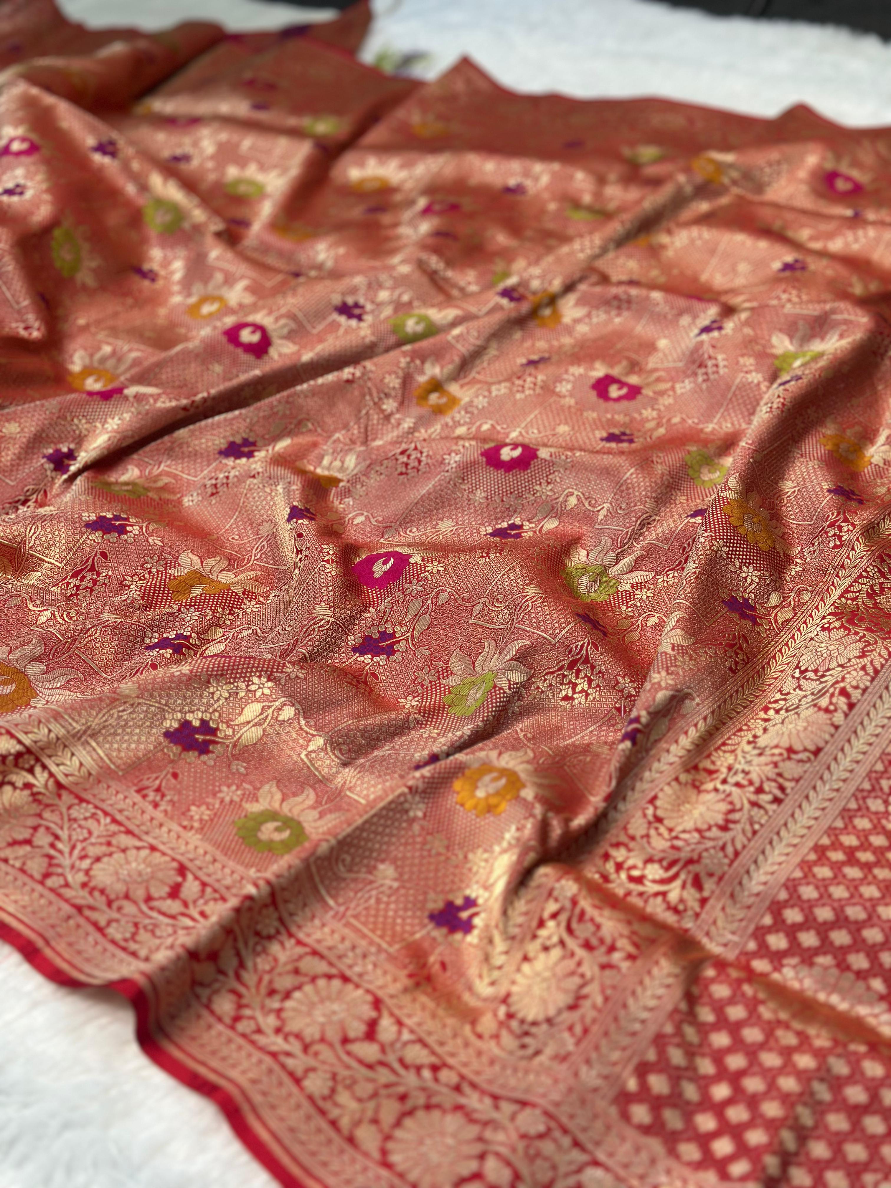 Pure Katan Silk Brocade Banarasi Saree woven with Golden Zari and multicolour minakari work