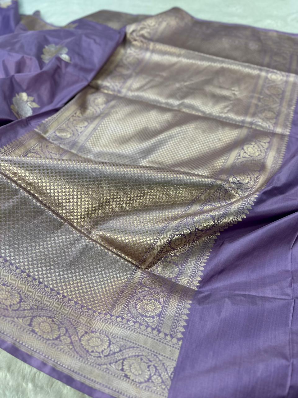 Dusty Lavender Pure Katan Silk Kadua Weave Banarasi Saree with Gold and Silver Buta