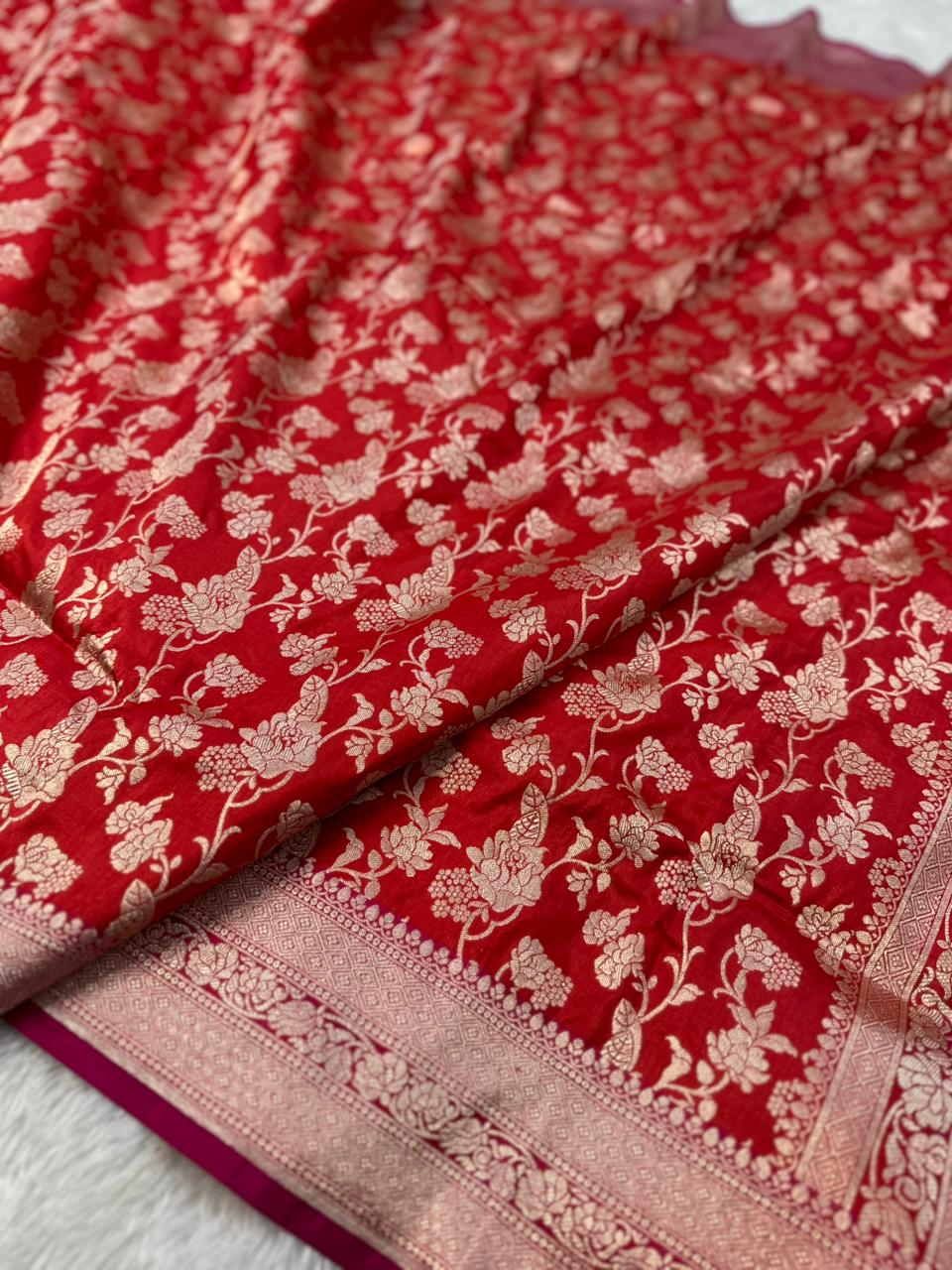 Pure Katan Silk Banarasi Saree Woven with Golden Zari in Jaal Pattern