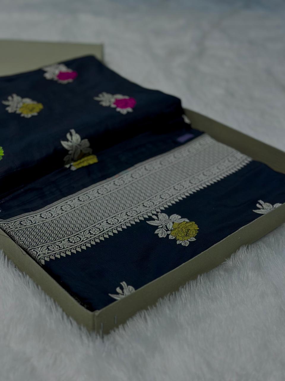 Pure Katan Silk Banarasi Meenedar Saree Woven with Golden Zari buta pattern