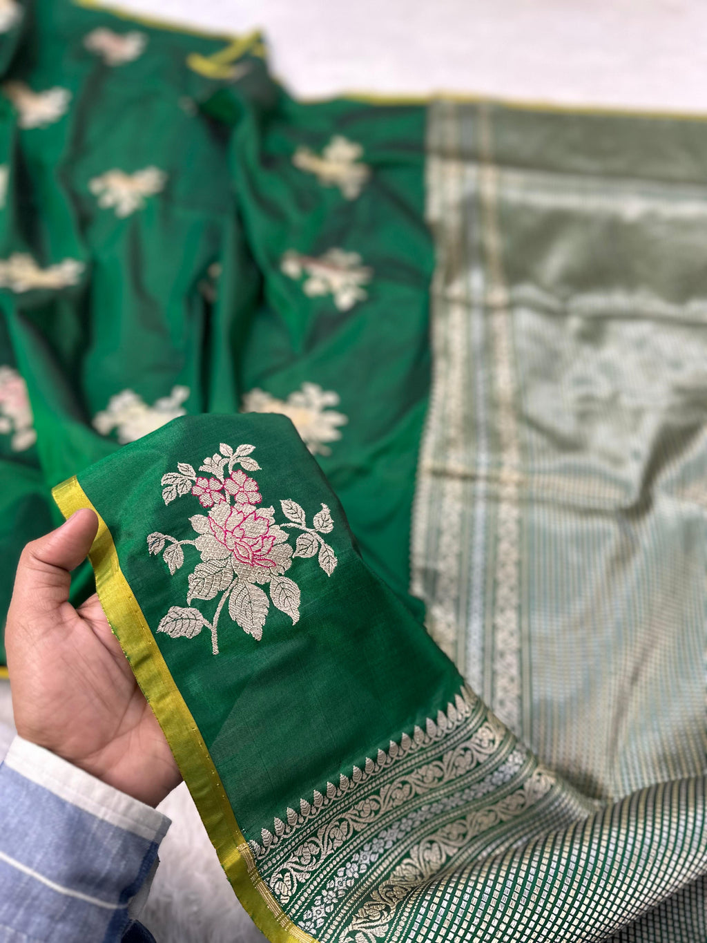 Royal Green Pure Katan Silk Kadua Weave Banarasi Saree with Gold and Meenakari Buta