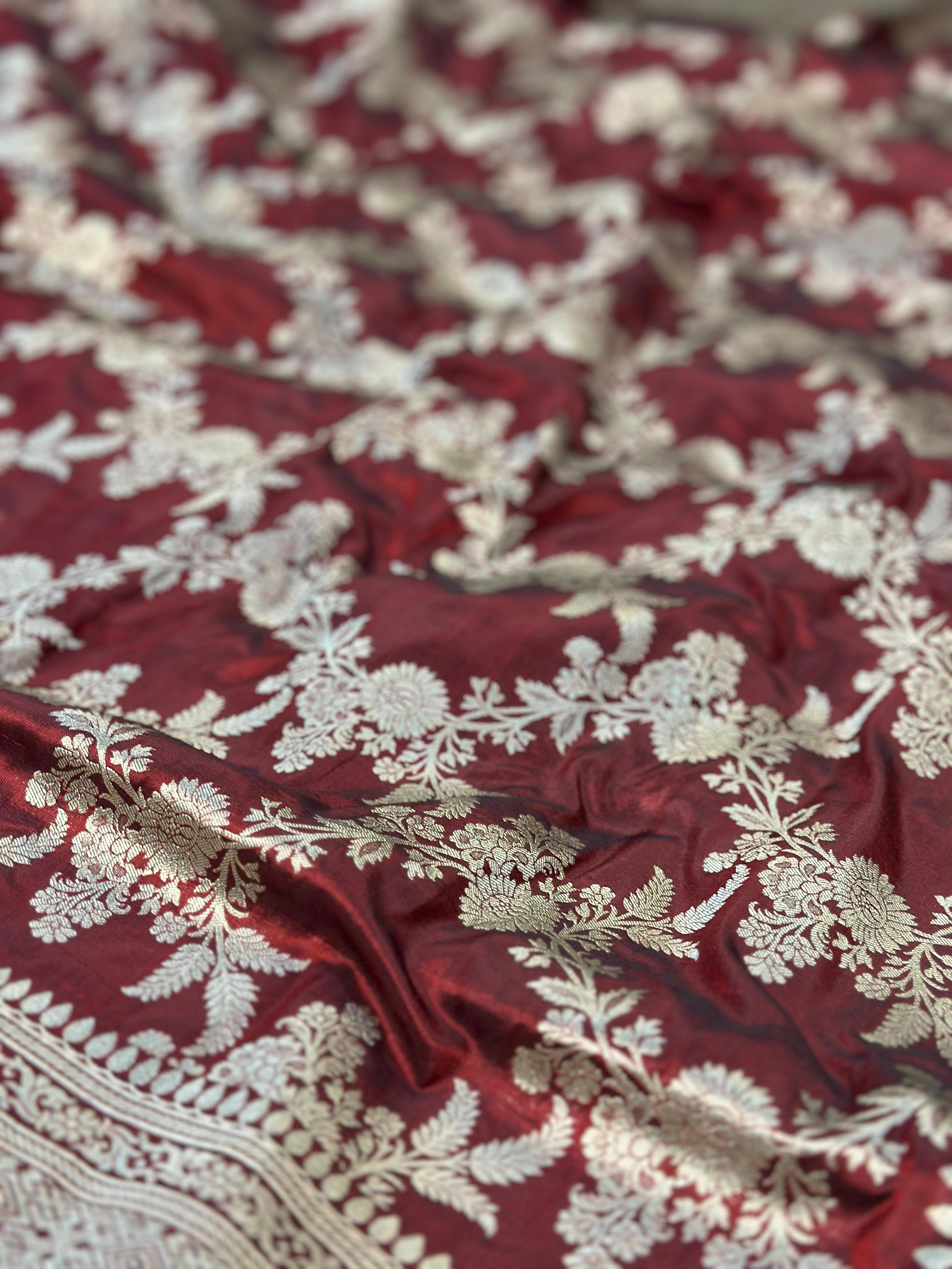 Pure katan silk banarasi saree woven with golden zari in jangla pattern
