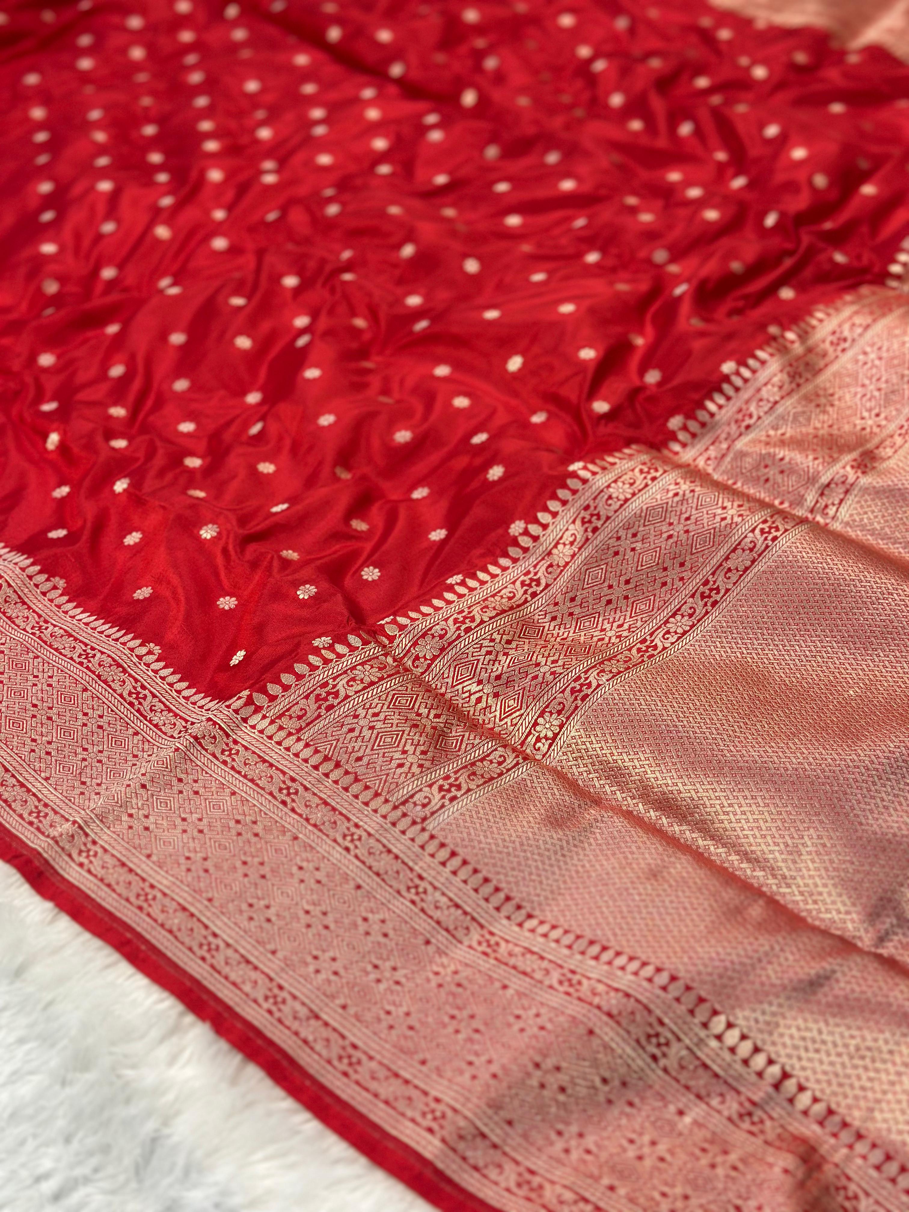 Pure katan silk banarasi saree woven with golden zari in chunari buti pattern