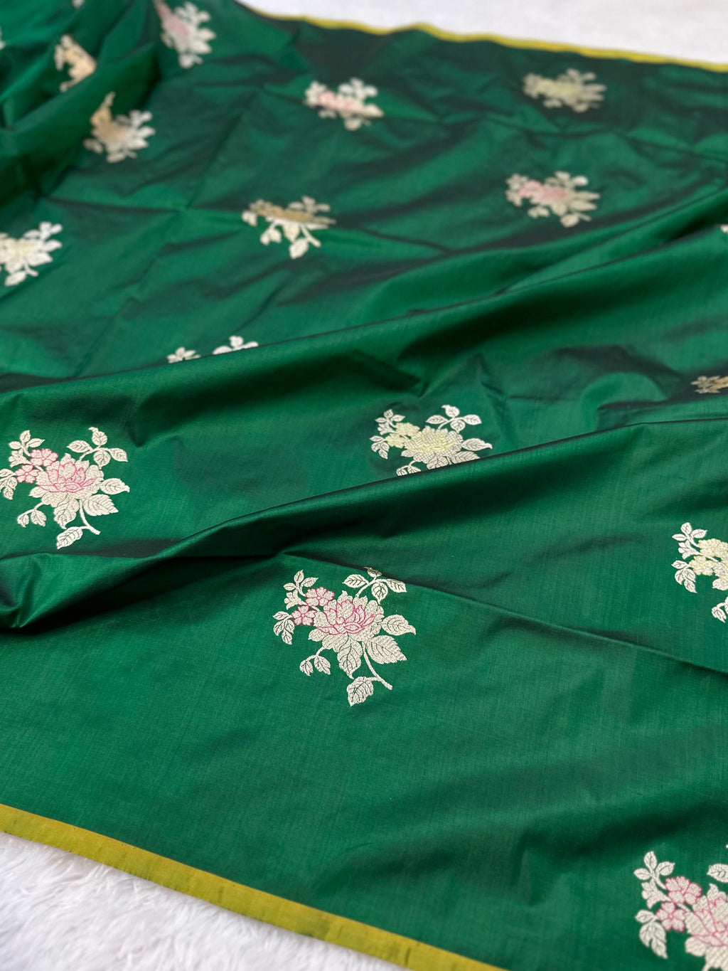 Royal Green Pure Katan Silk Kadua Weave Banarasi Saree with Gold and Meenakari Buta