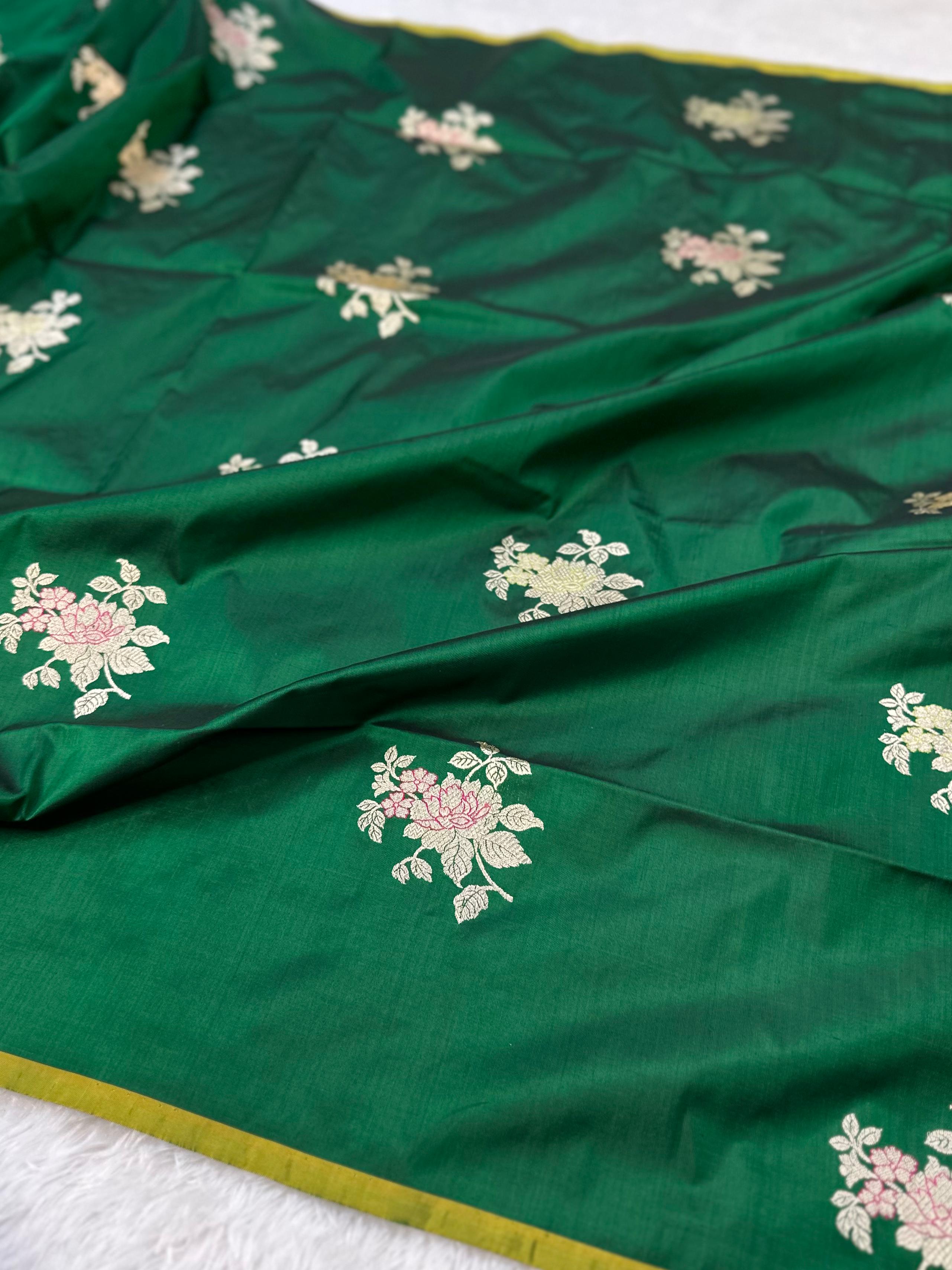 Royal Green Pure Katan Silk Kadua Weave Banarasi Saree with Gold and Meenakari Buta