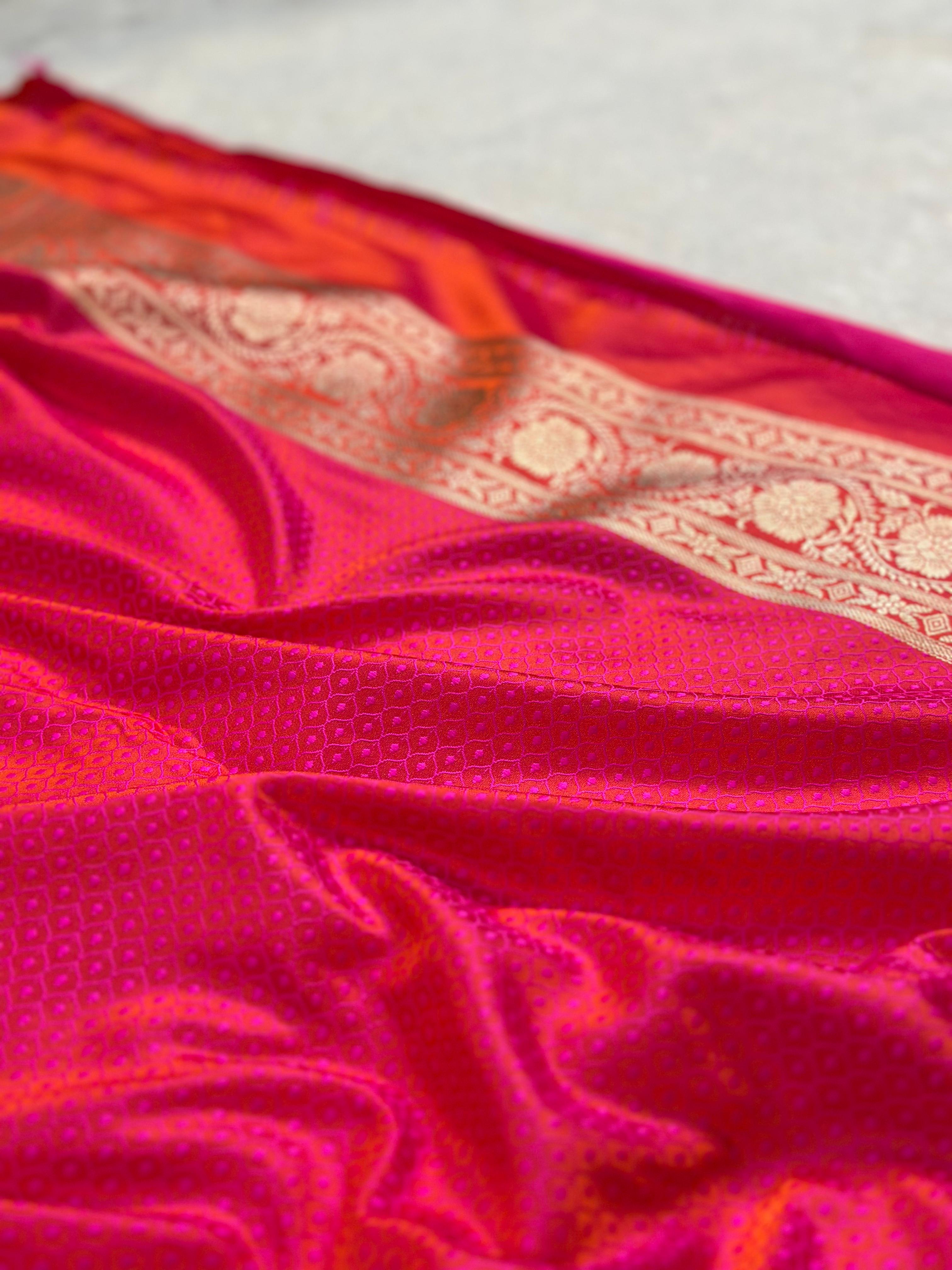 Mashru Silk Banarasi Saree woven with golden zari and minakari work of rani pink