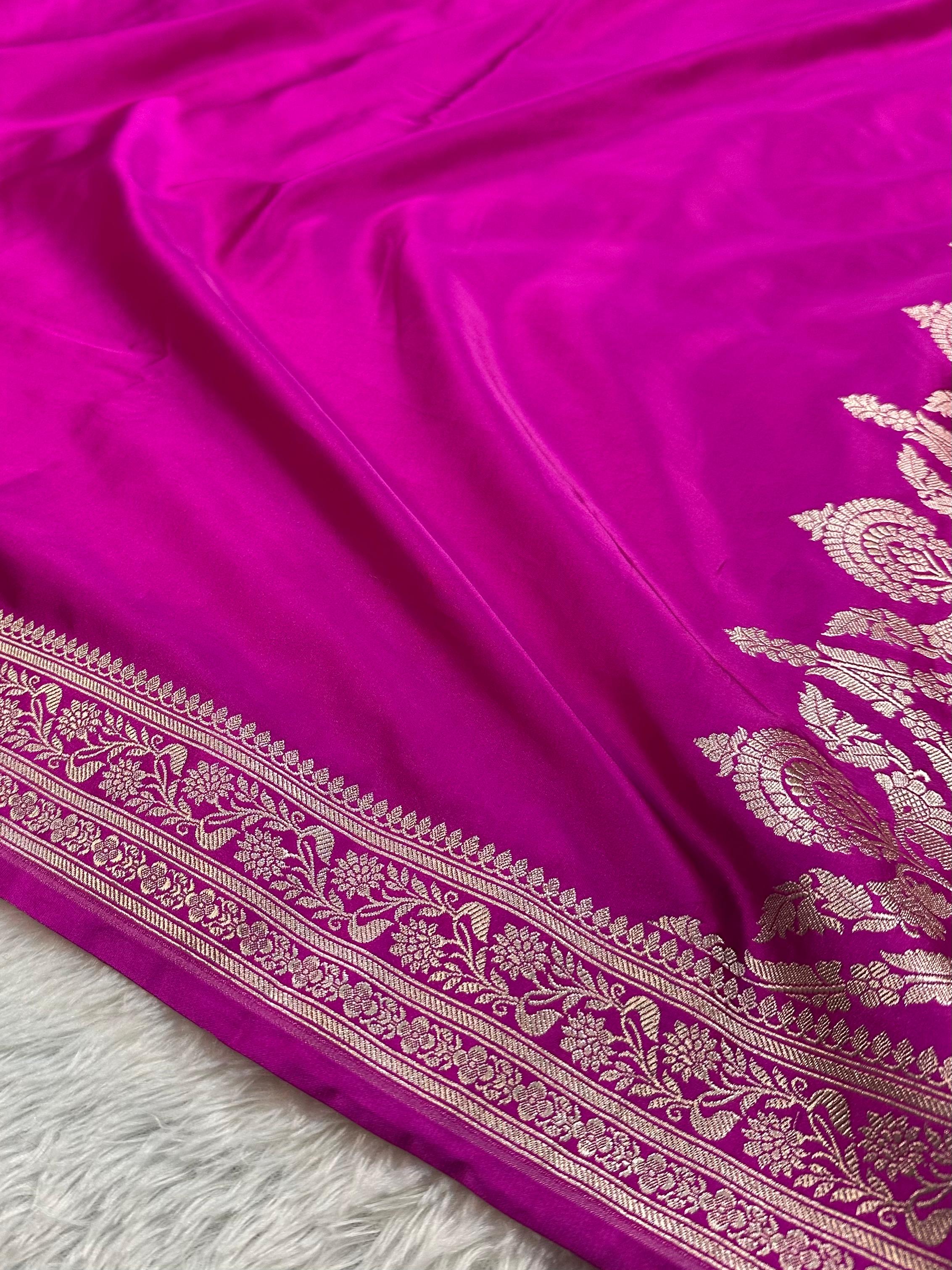 Mashru Silk Banarasi Saree Woven with Golden Zari in Plain with Grand Pallu