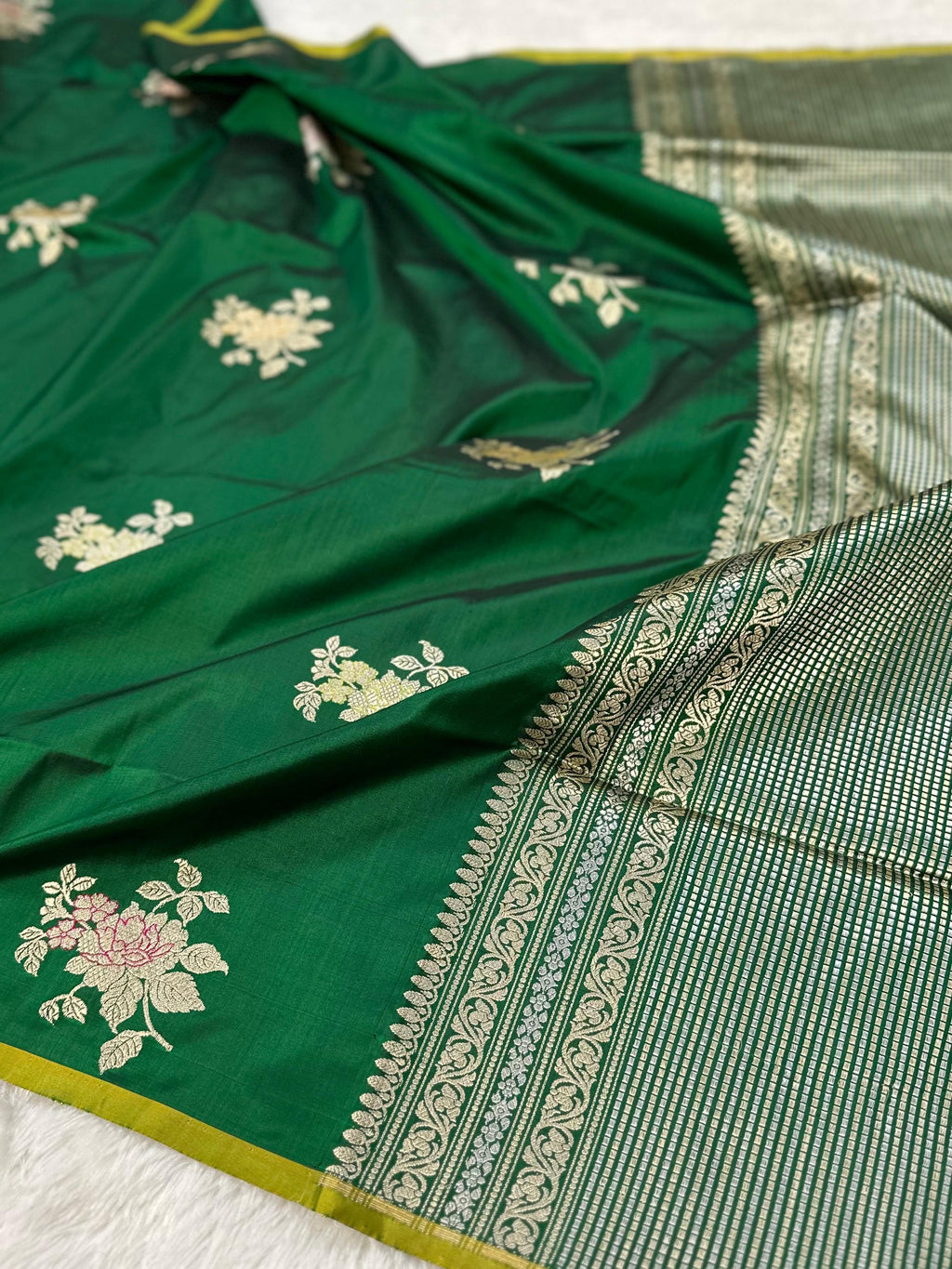 Royal Green Pure Katan Silk Kadua Weave Banarasi Saree with Gold and Meenakari Buta