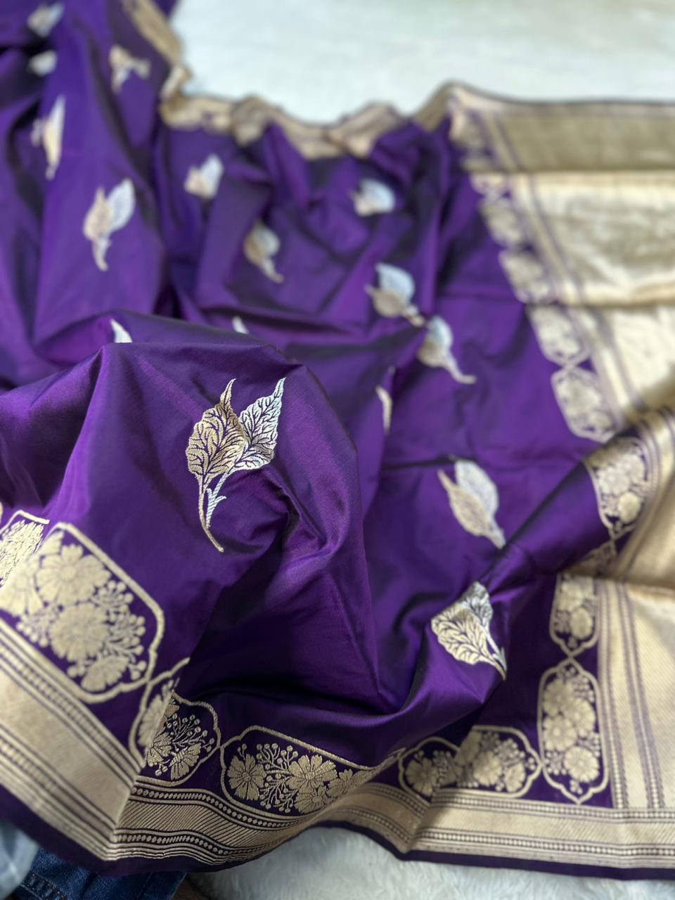 Royal Purple Pure Katan Silk Kadua Weave Banarasi Saree with Gold and Silver Buta