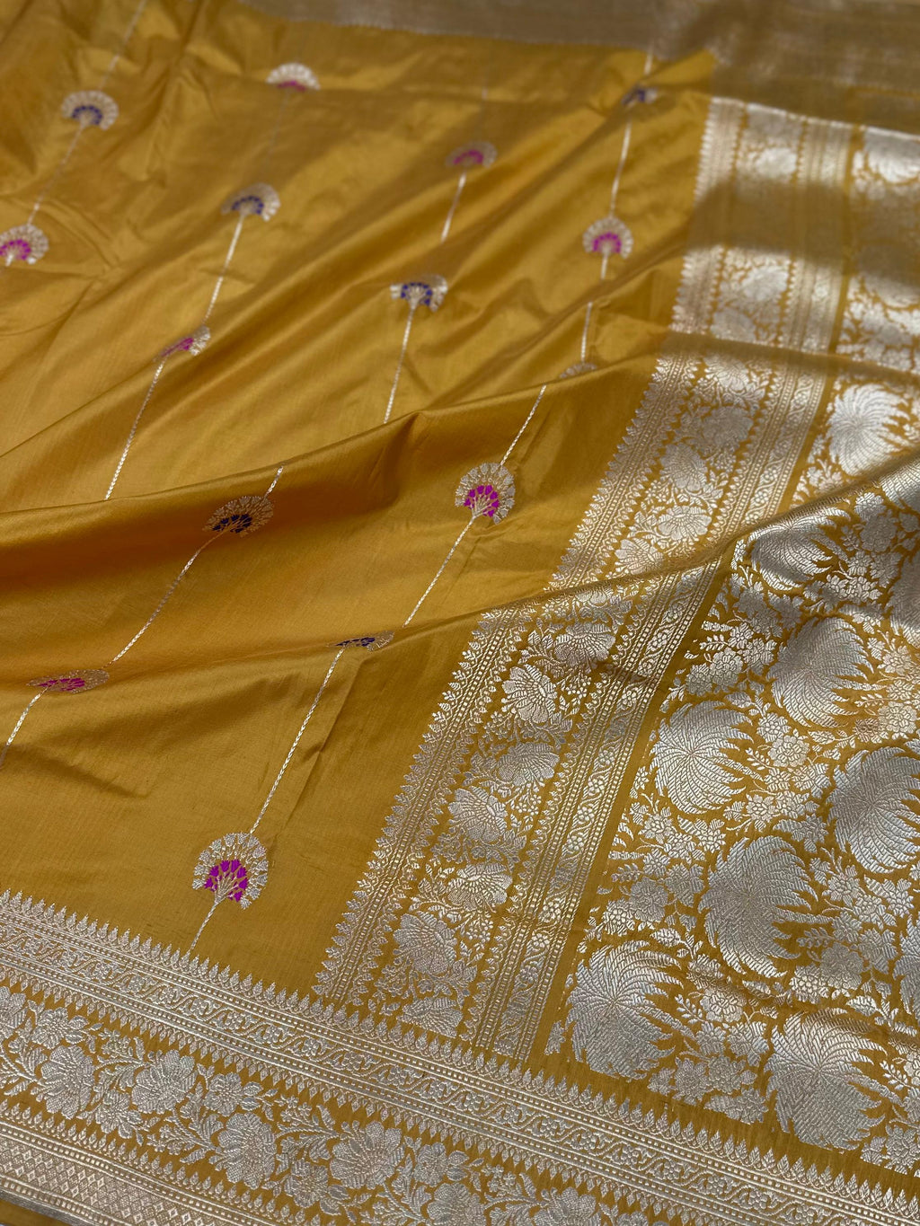 Mustard Yellow Pure Katan Silk Kadua Weaved Meenedar Buta Pattern