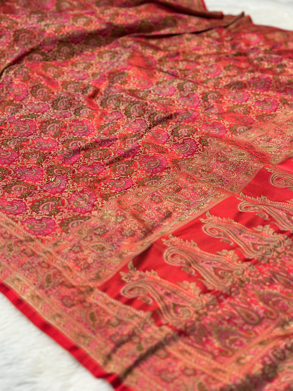 Satin Tanchui Jamawar Saree woven with golden zari multicolour paisley work
