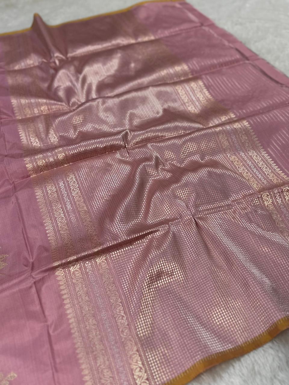 Baby Pink Pure Katan Silk Kadua Weave Banarasi Saree with Meenakari Buta