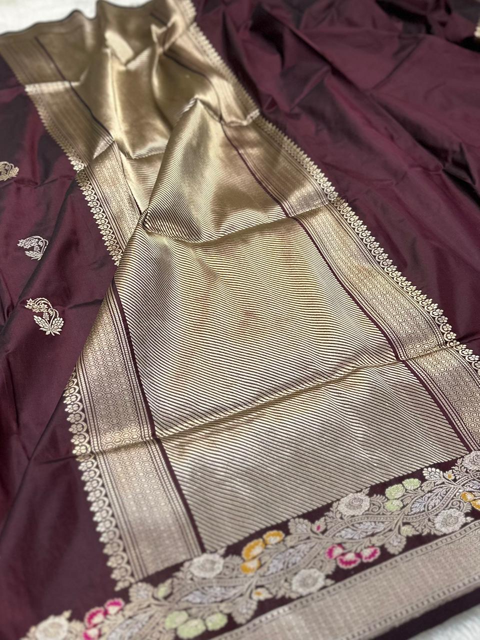 Pure Katan Silk Kadua Weave Banarasi Saree with Meenakari Border