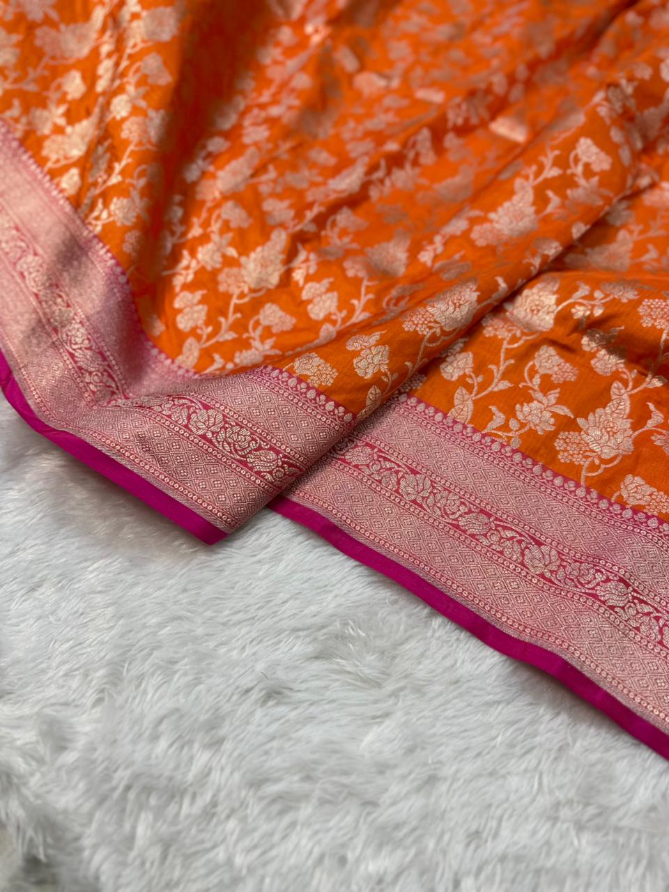 Pure Katan Silk Banarasi Saree Woven with Golden Zari in Jaal pattern