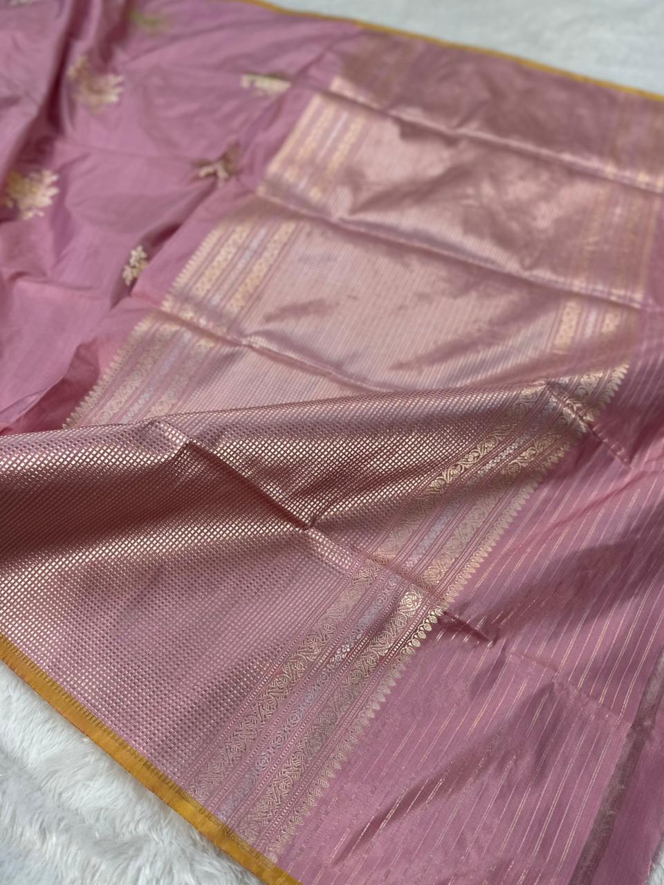 Baby Pink Pure Katan Silk Kadua Weave Banarasi Saree with Meenakari Buta