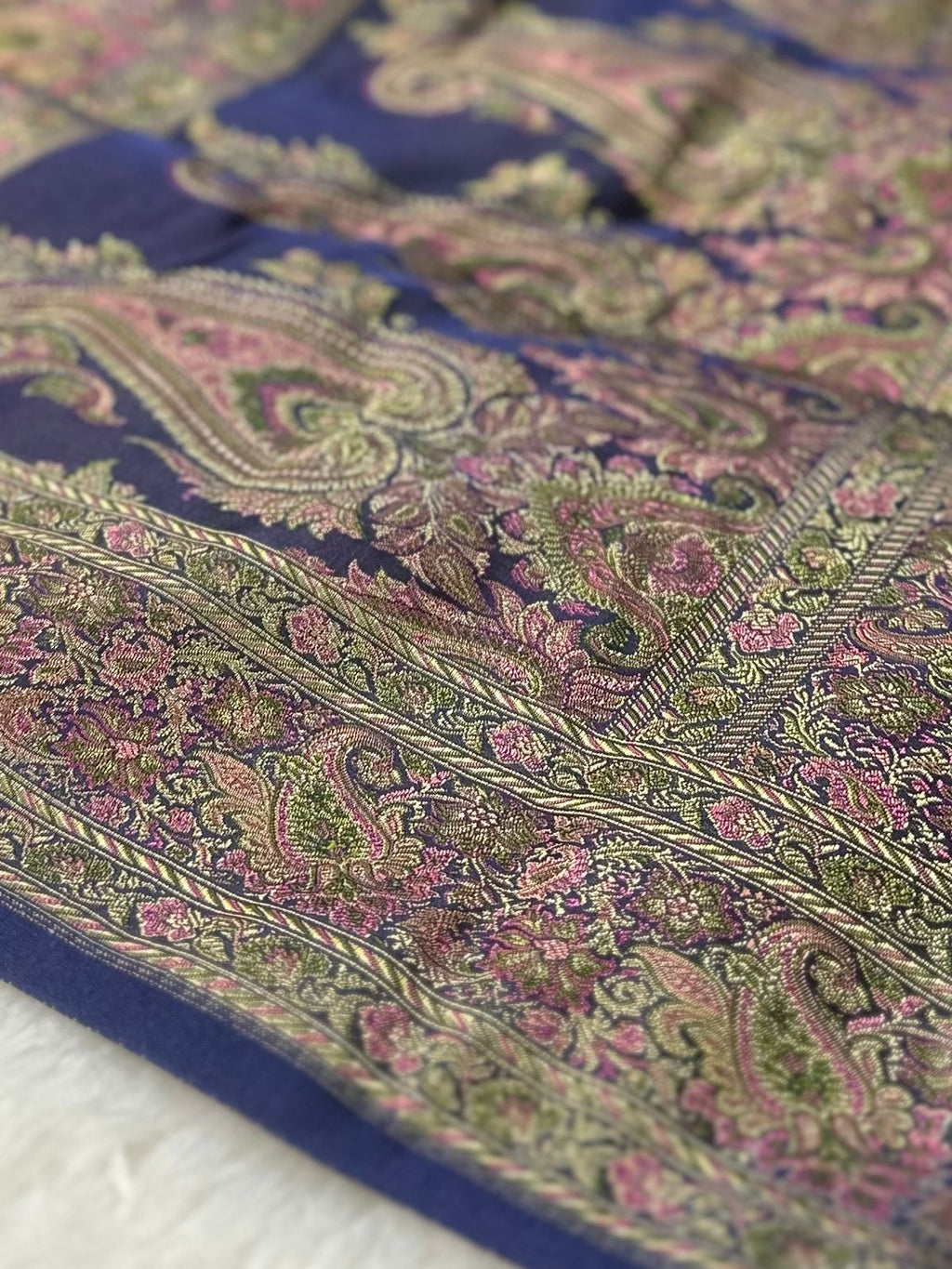Satin Tanchui Jamawar Saree woven with golden zari multicolour paisley work