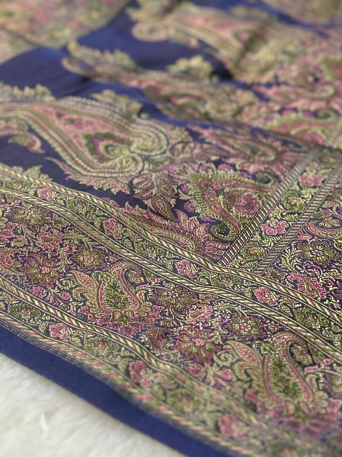 Satin Tanchui Jamawar Saree woven with golden zari multicolour paisley work