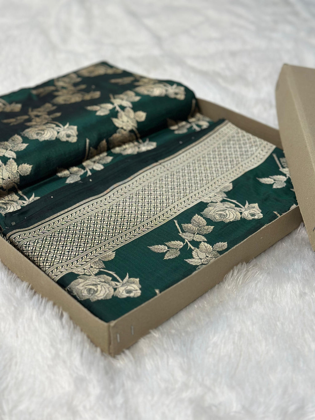 Pure Katan Silk Banarasi Saree Woven with Golden Zari in Rose buta pattern