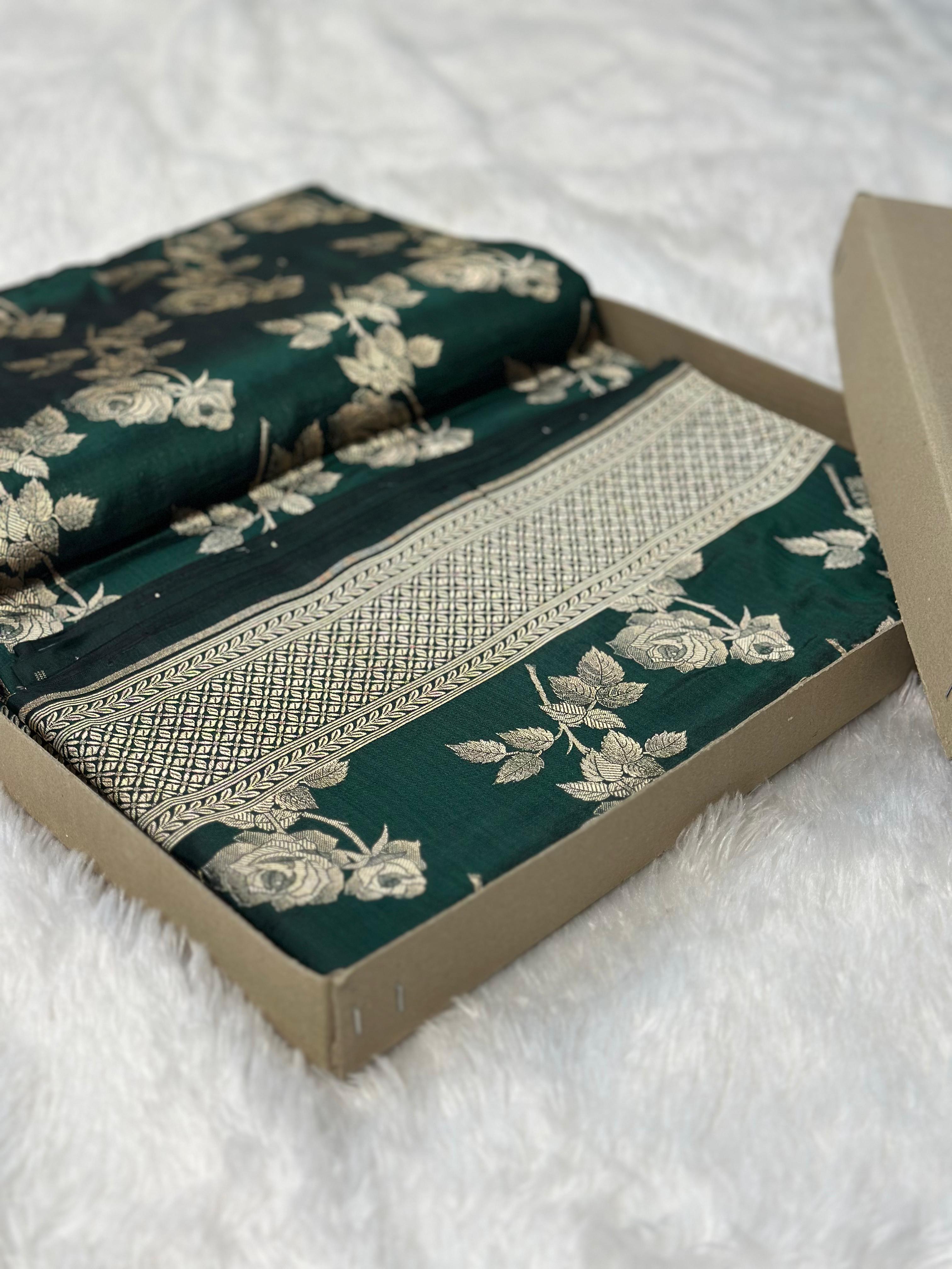 Pure Katan Silk Banarasi Saree Woven with Golden Zari in Rose buta pattern