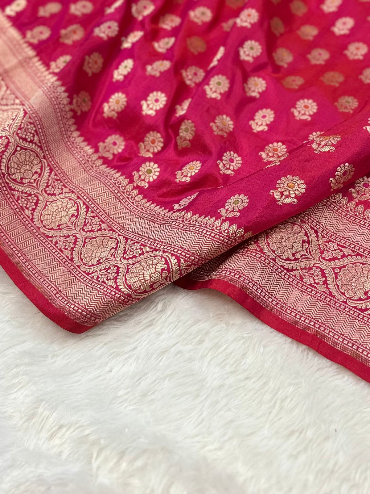 Pure Katan Silk Banarasi Saree Woven with Golden Zari in Meenkari buti pattern