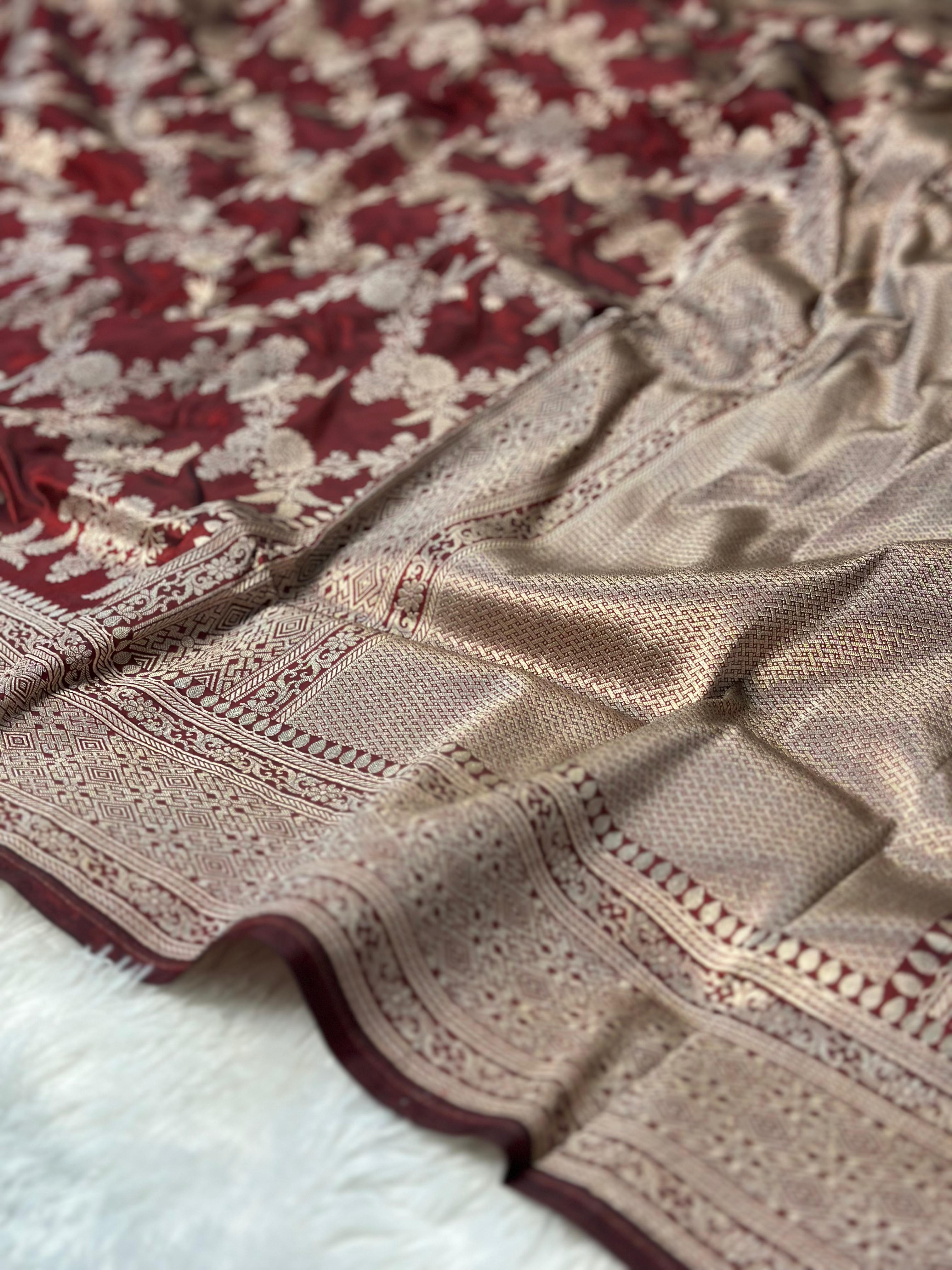 Pure katan silk banarasi saree woven with golden zari in jangla pattern