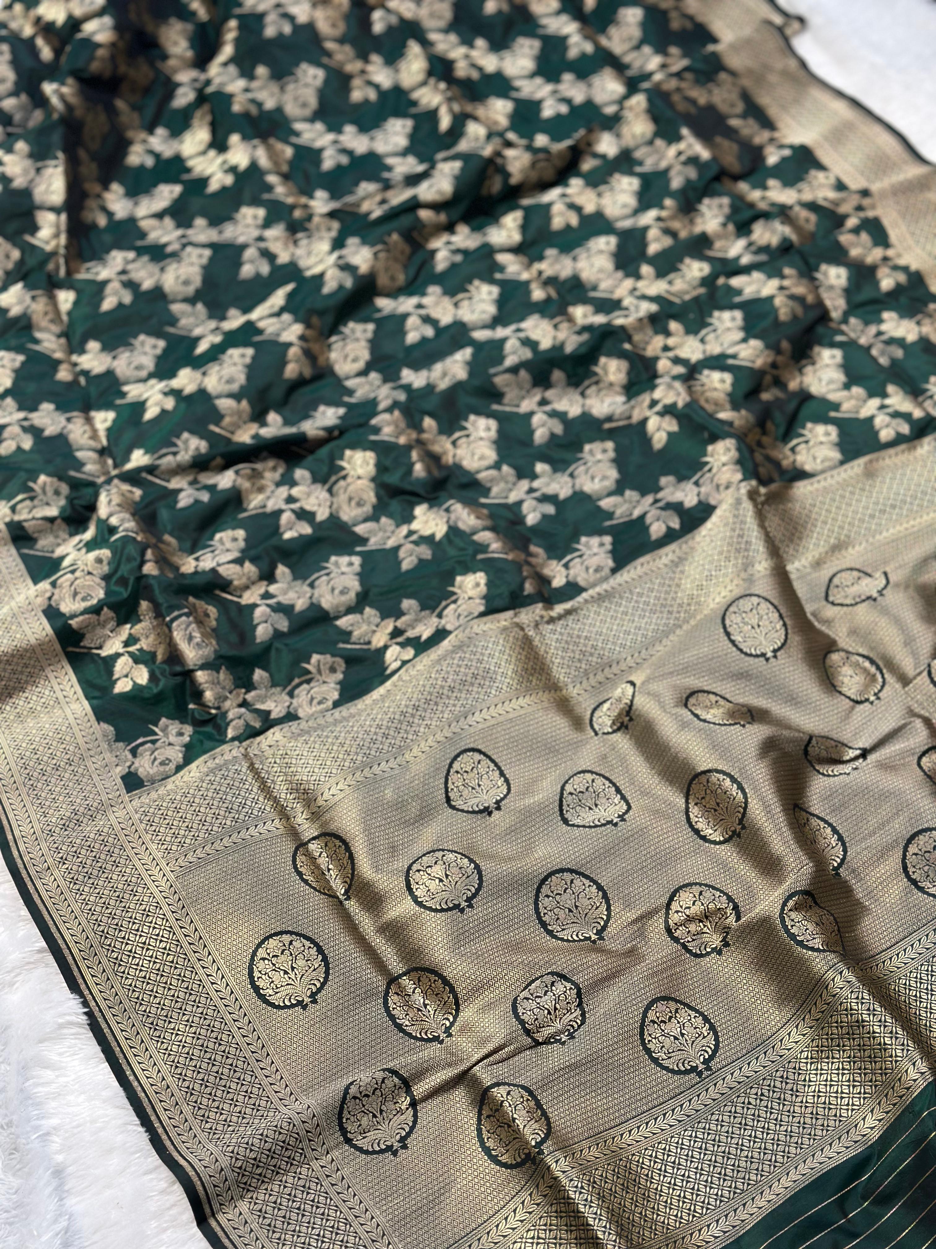 Pure Katan Silk Banarasi Saree Woven with Golden Zari in Rose buta pattern