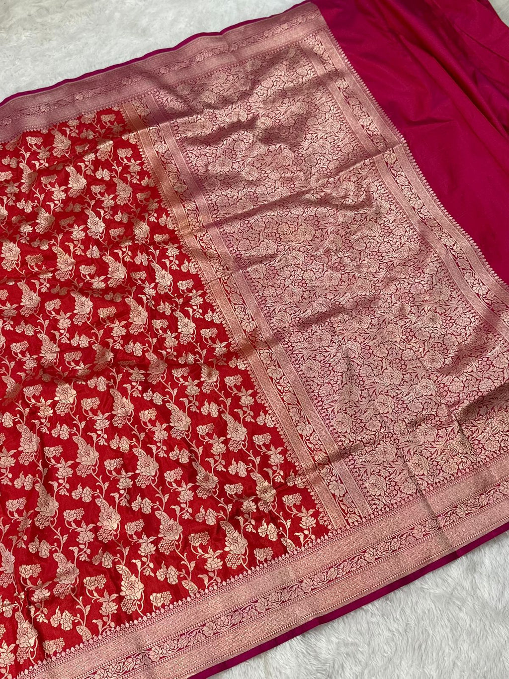 Pure Katan Silk Banarasi Saree Woven with Golden Zari in Jaal Pattern