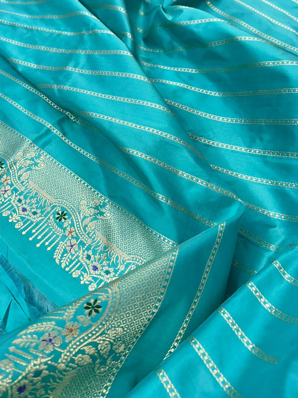 Firozi Blue Handwoven Pure Meenedar Banarasi Silk Saree – Kadua Weave, Pure Katan