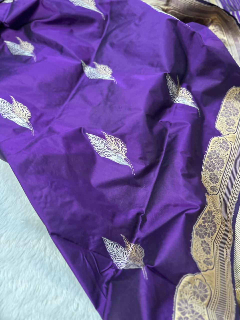 Royal Purple Pure Katan Silk Kadua Weave Banarasi Saree with Gold and Silver Buta