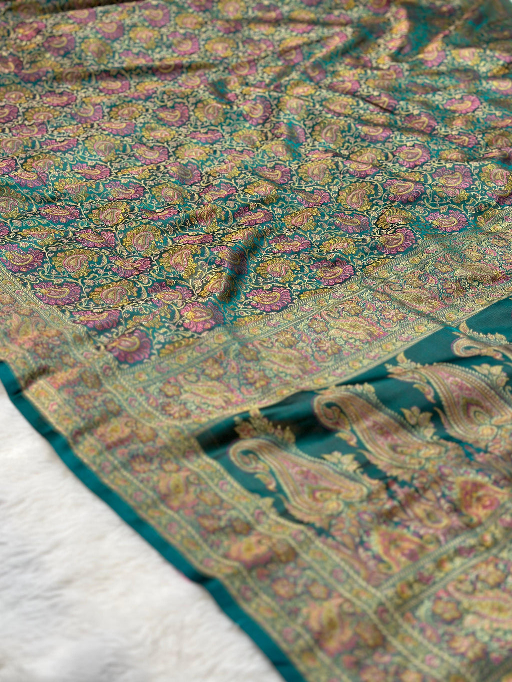 Satin Tanchui Jamawar Saree woven with golden zari multicolour paisley work
