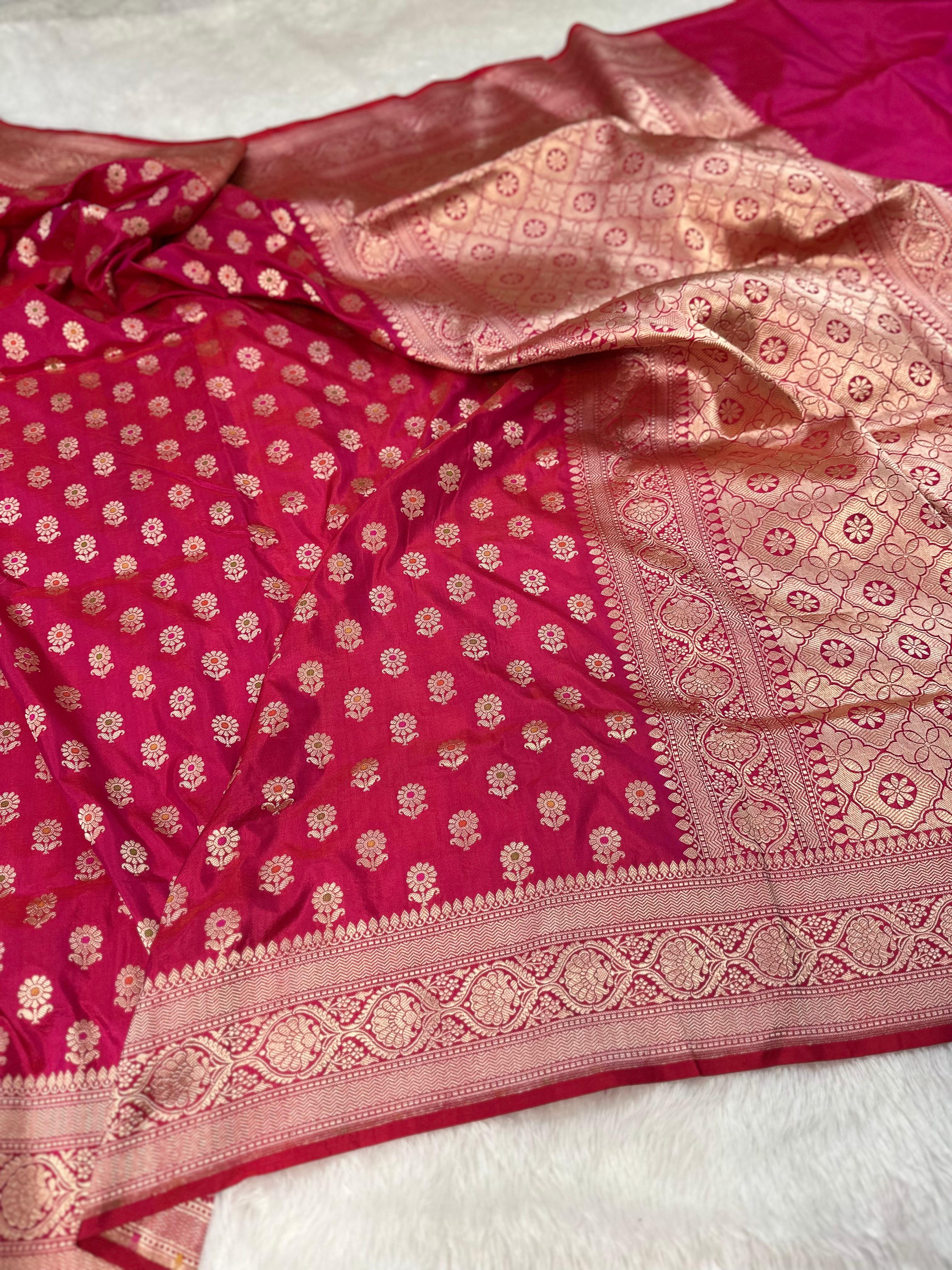Pure Katan Silk Banarasi Saree Woven with Golden Zari in Meenkari buti pattern