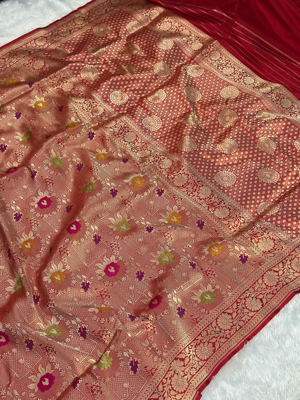 Pure Katan Silk Brocade Banarasi Saree woven with Golden Zari and multicolour minakari work