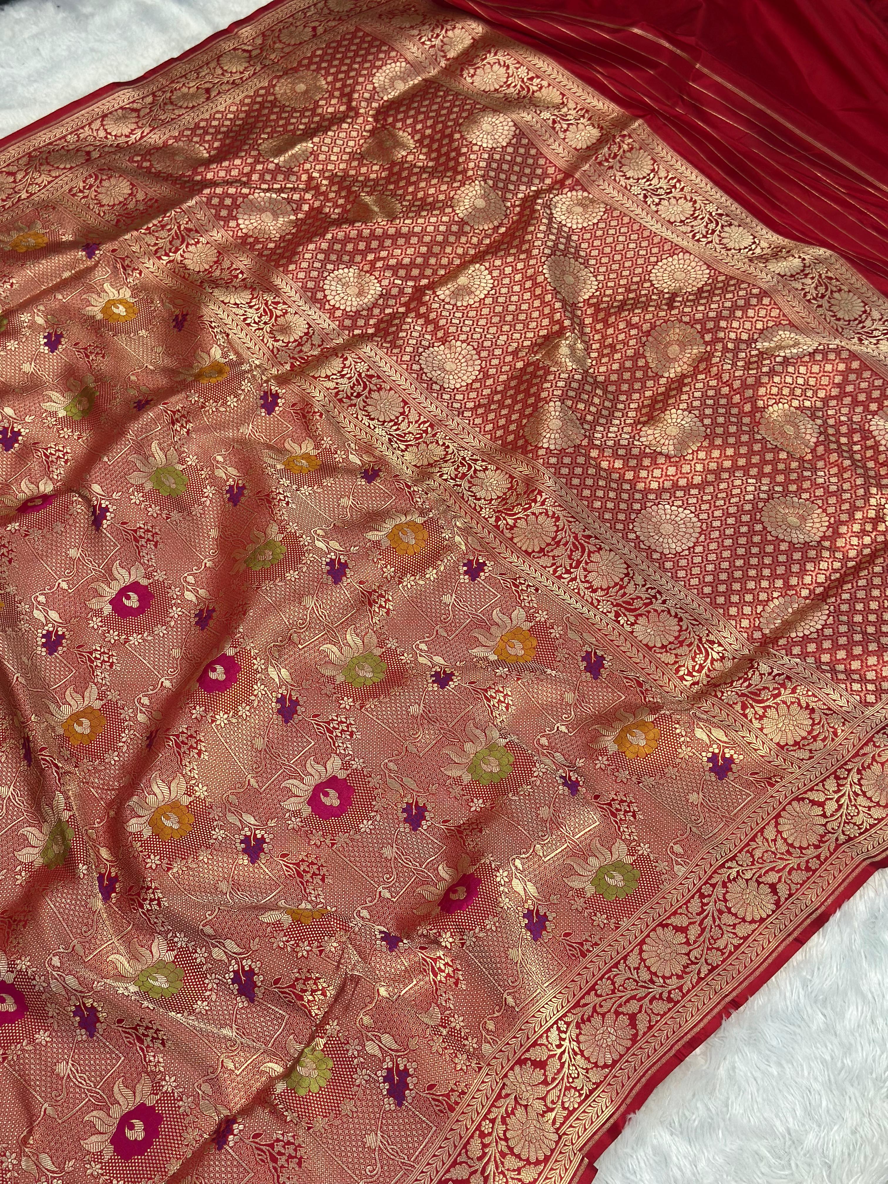 Pure Katan Silk Brocade Banarasi Saree woven with Golden Zari and multicolour minakari work