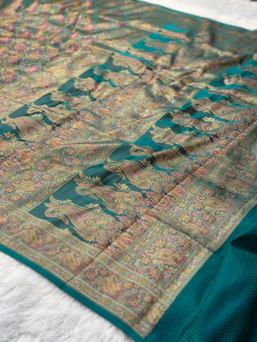 Satin Tanchui Jamawar Saree woven with golden zari multicolour paisley work