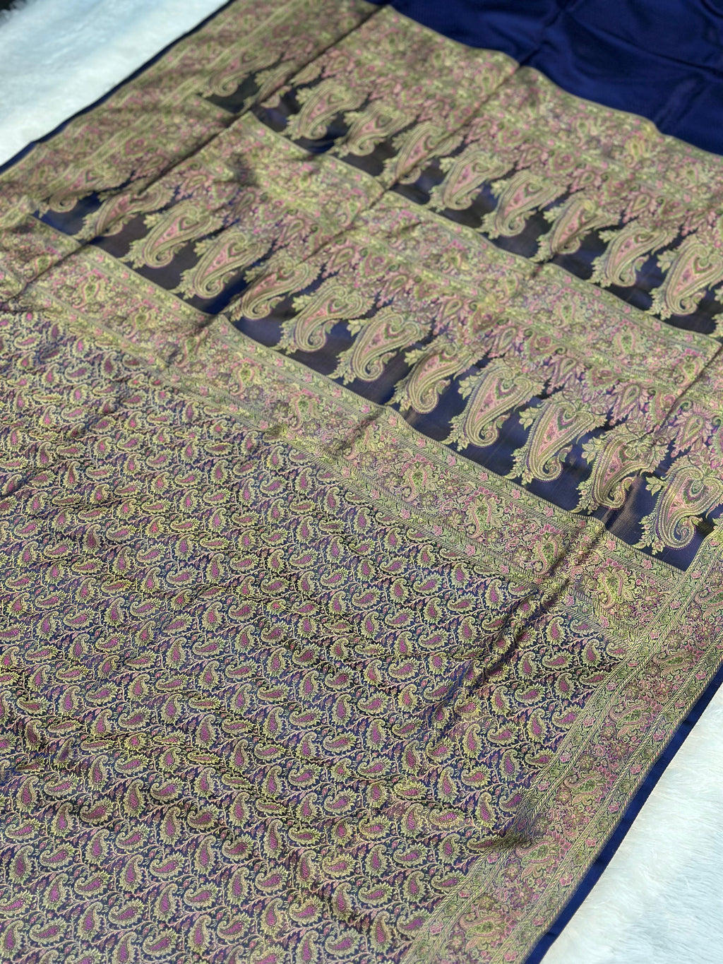 Satin Tanchui Jamawar Saree woven with golden zari multicolour paisley work