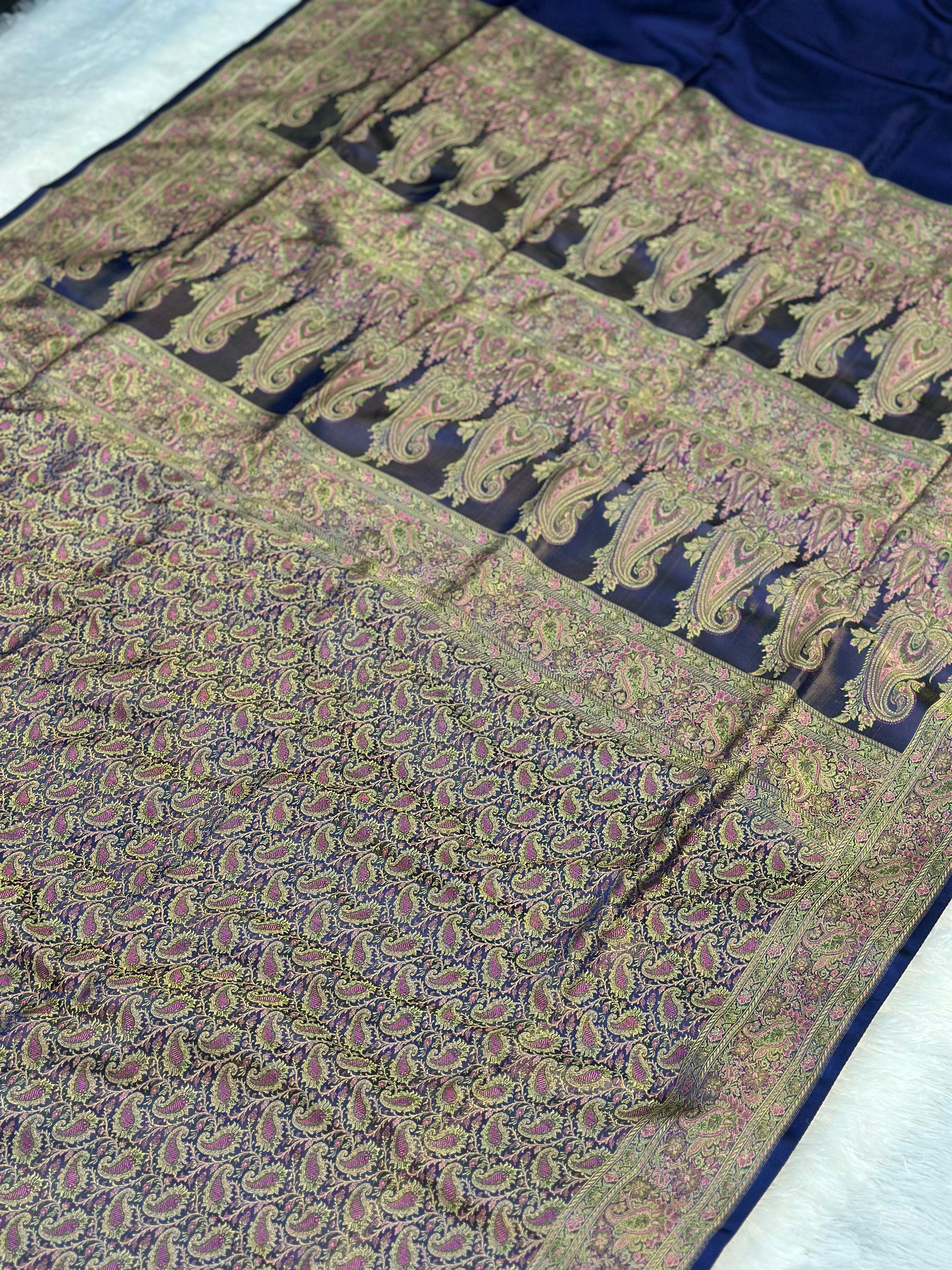 Satin Tanchui Jamawar Saree woven with golden zari multicolour paisley work