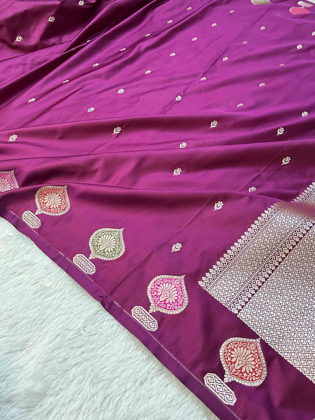 Mashru Silk Banarasi Saree Weaved with Golden Zari in Meenakari Buta Pattern