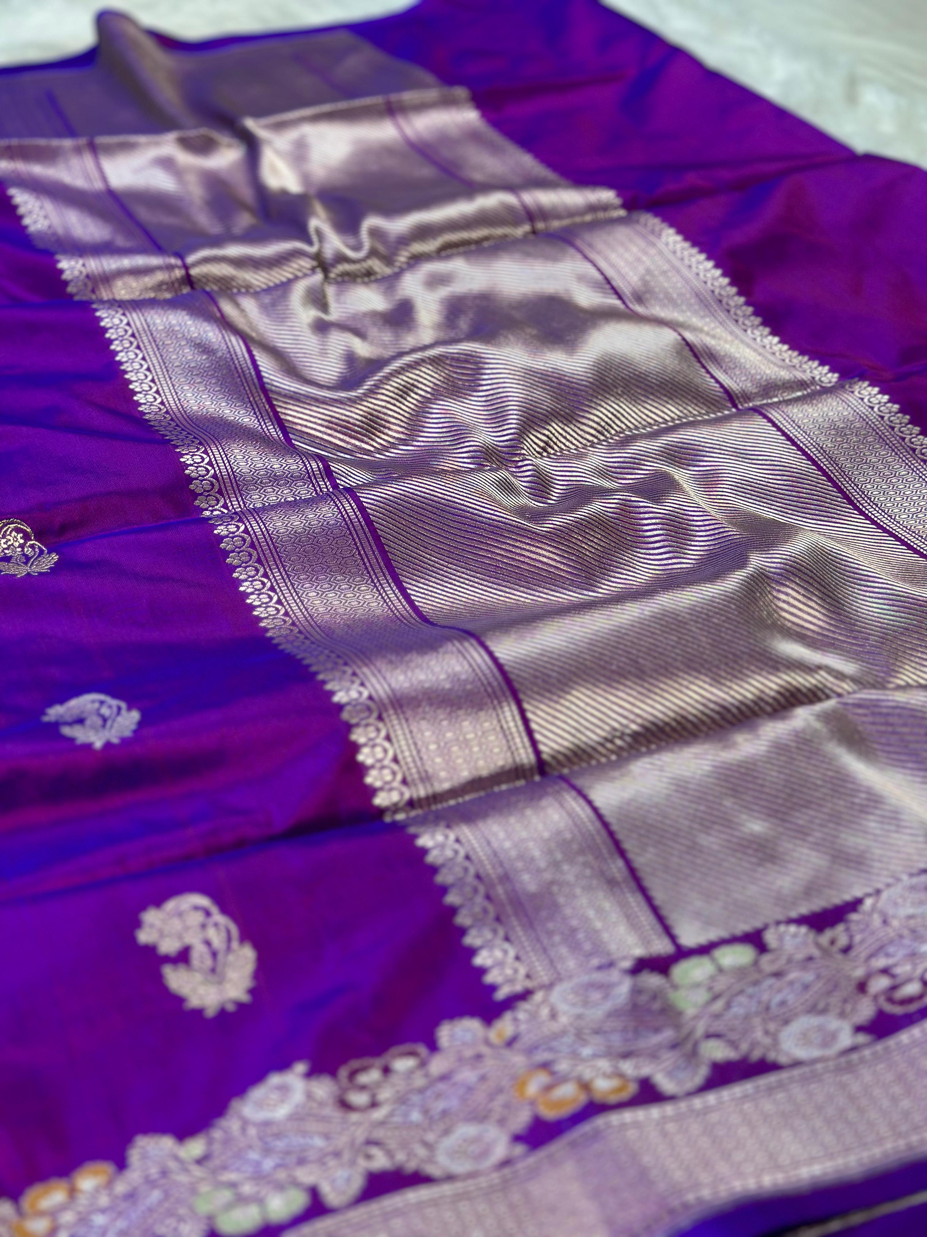 Royal Purple Pure Katan Silk Kadua Weave Banarasi Saree with Golden Buta