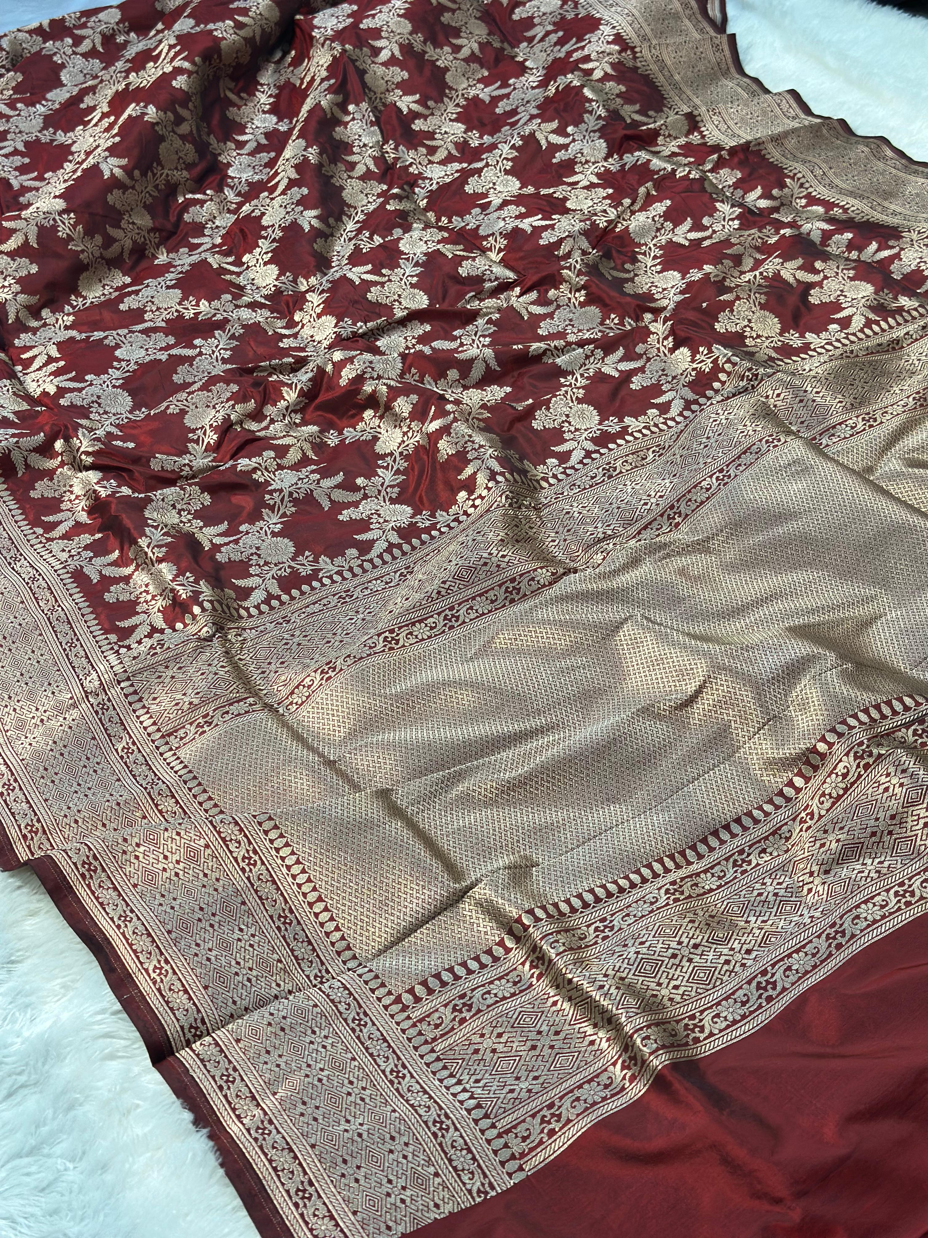 Pure katan silk banarasi saree woven with golden zari in jangla pattern