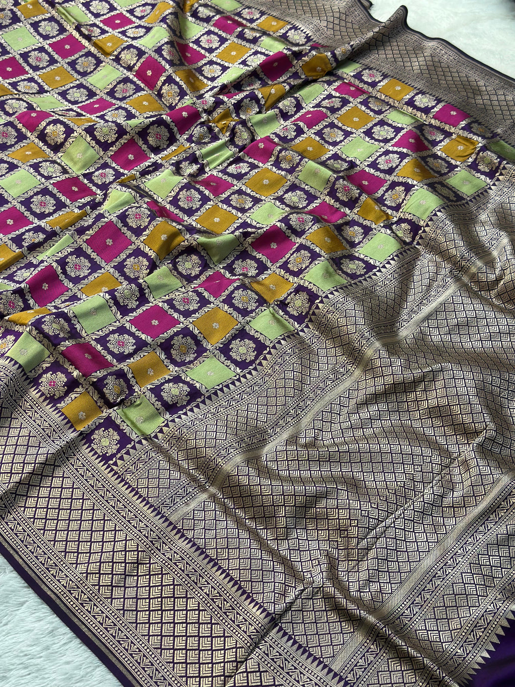 Pure Katan Silk Rangkaat Banarasi Saree Woven with Golden Zari in Multiple Block pattern