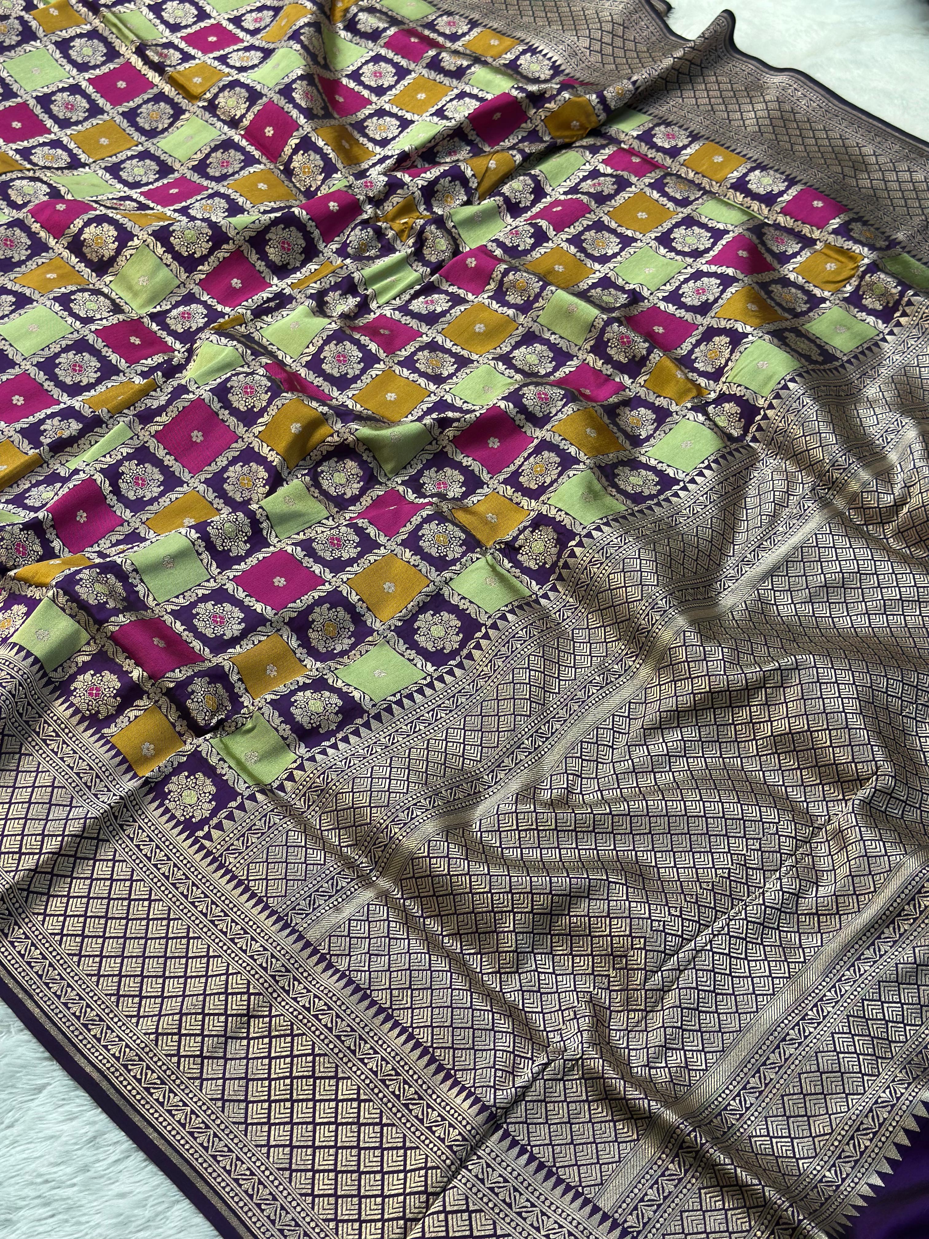 Pure Katan Silk Rangkaat Banarasi Saree Woven with Golden Zari in Multiple Block pattern